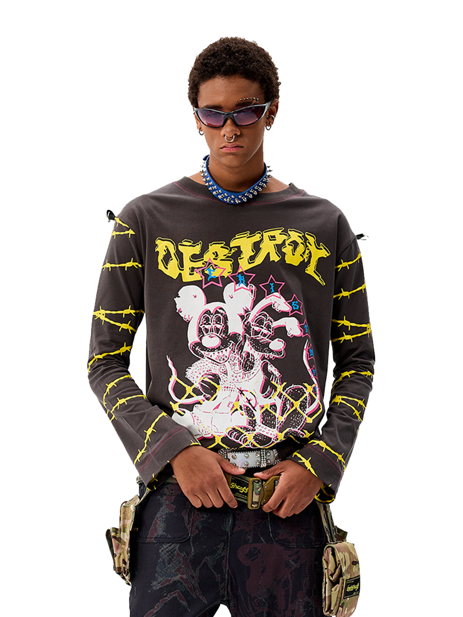 CYCYCY Punk Cartoon Mouse Graphic Long-Sleeve Tee