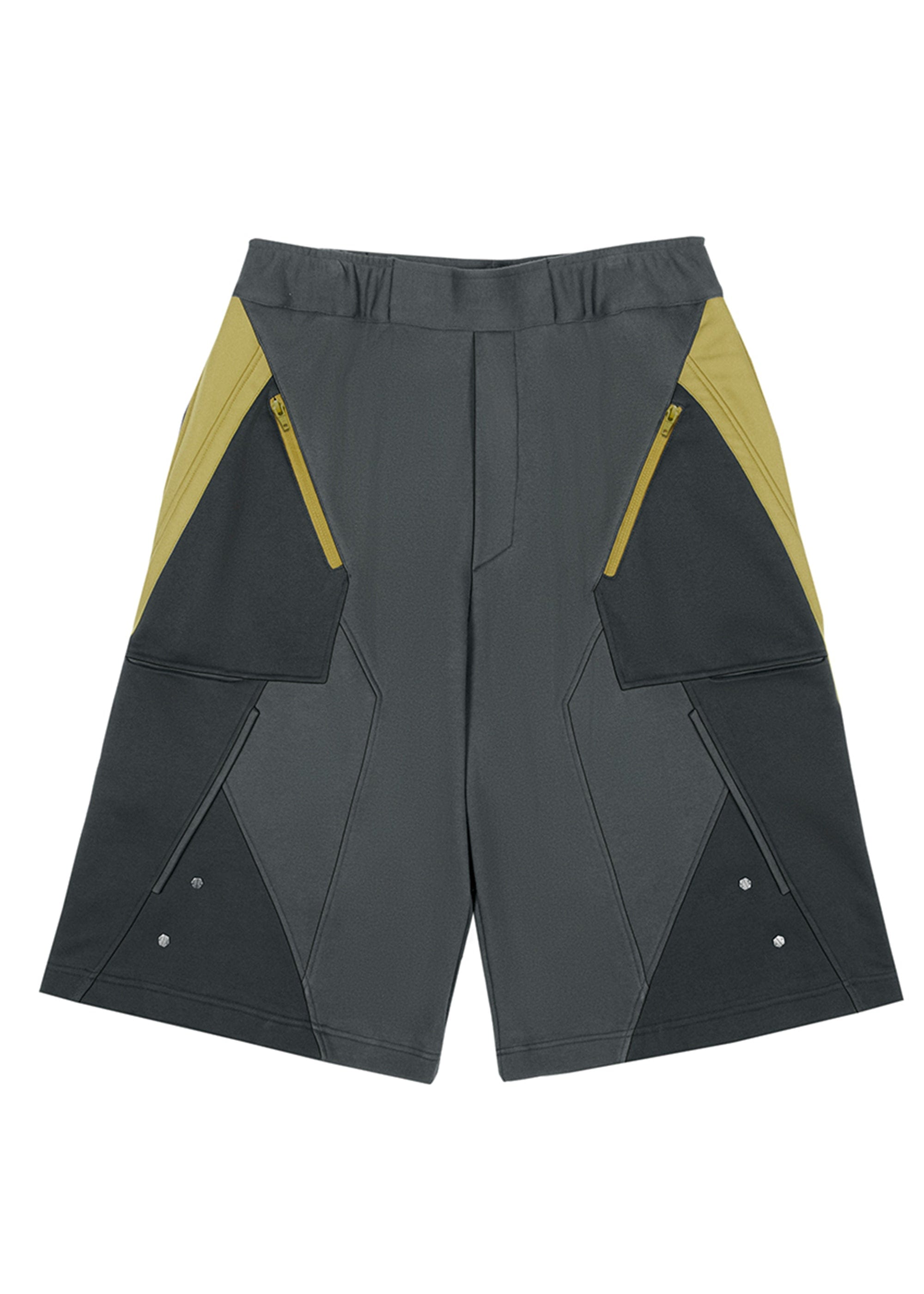 XIPHEVIL Deconstructed Zipper Rivet Shorts Yellow, premium urban and streetwear designers apparel on PROJECTISR.com, XIPHEVIL