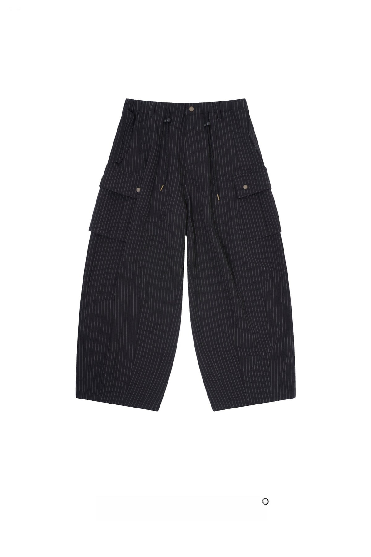UNLIMITED MOTE Striped Drawstring Balloon Wide-Leg Cargo Pants — flat lay · Black