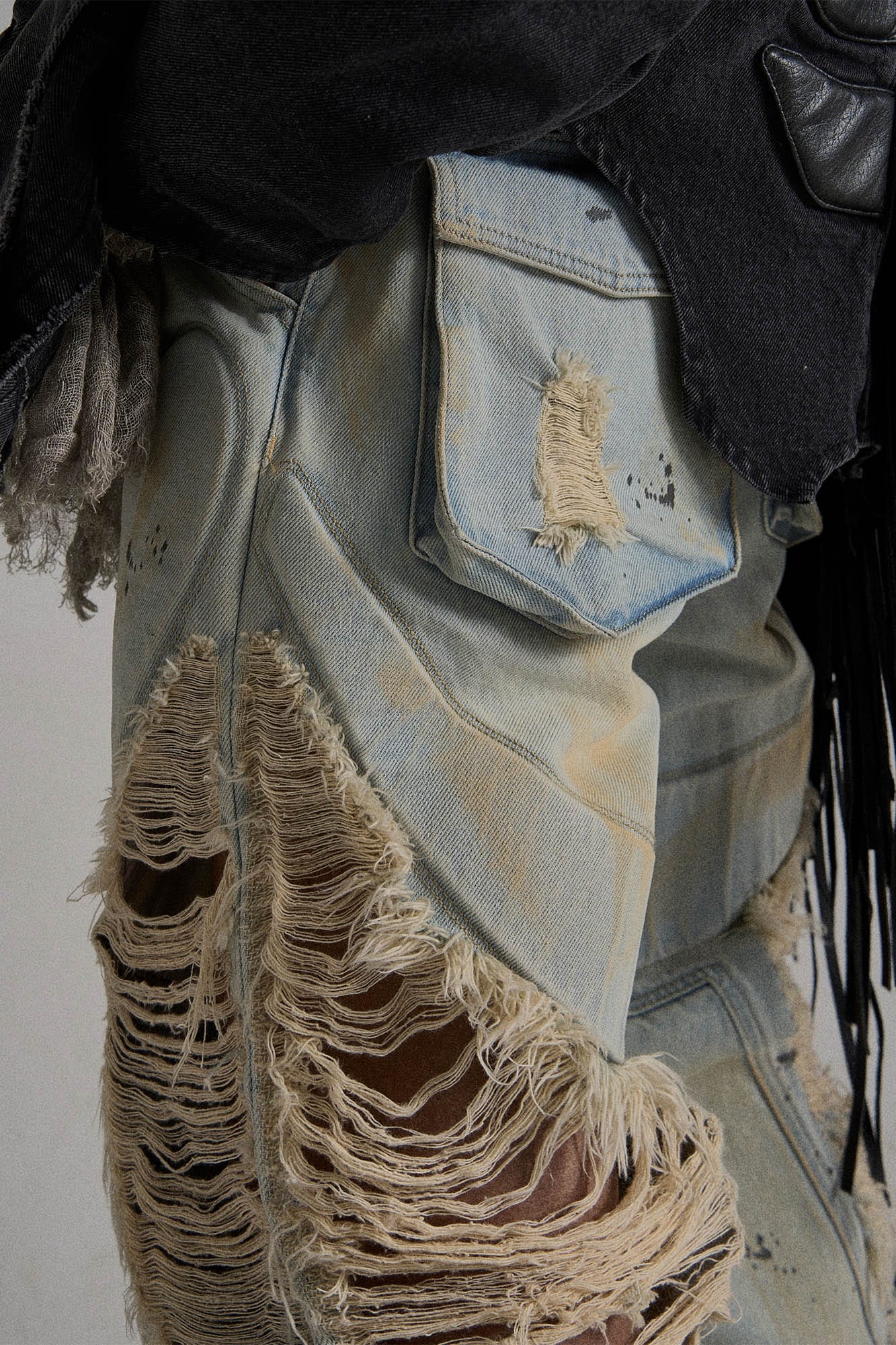 FLYERRER Paneled Heavily Ripped Fringe Jeans, premium urban and streetwear designers apparel on PROJECTISR.com, FLYERRER