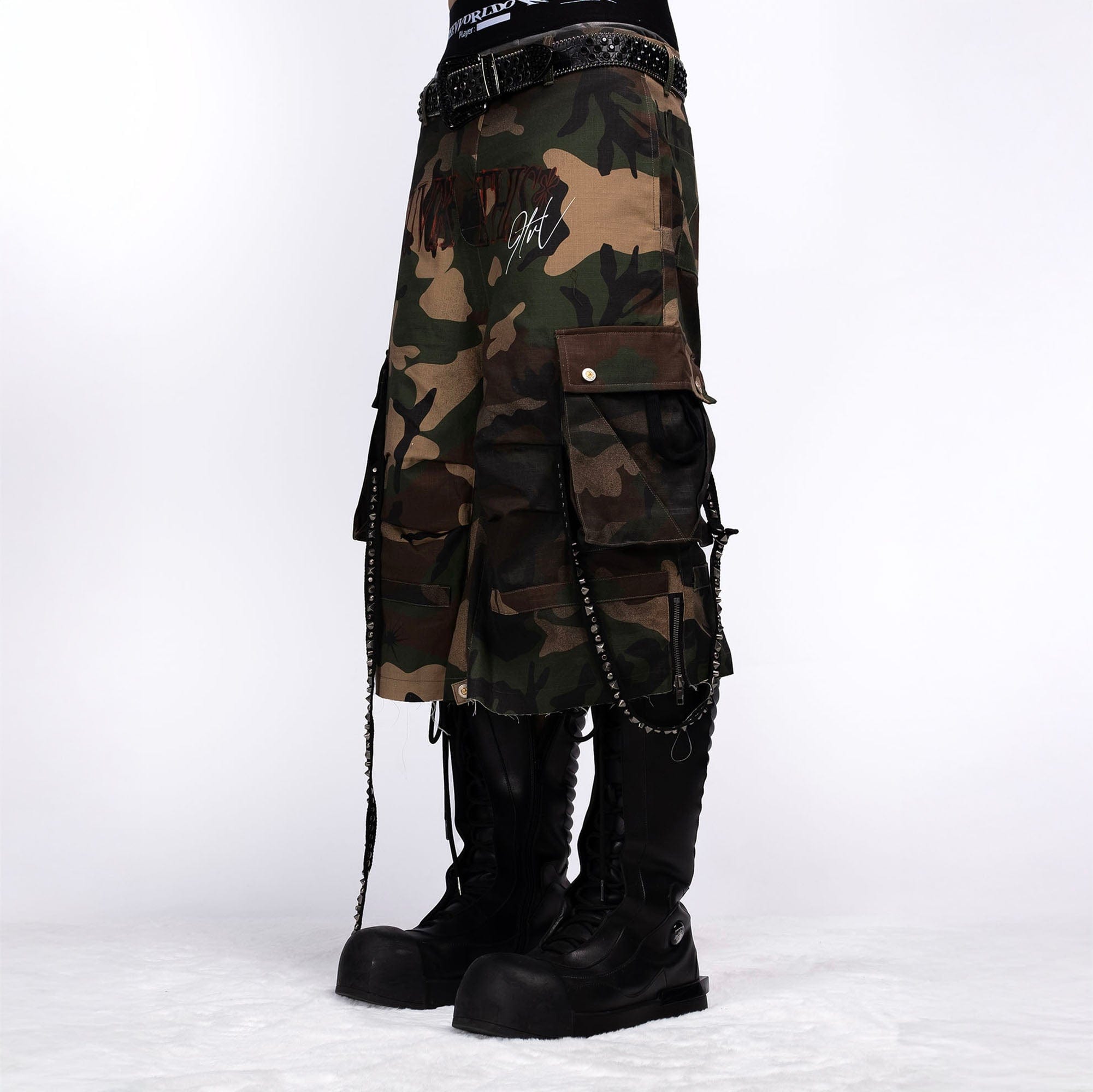 FVVO Distressed Rivet Strap Cargo Shorts Camo, premium urban and streetwear designers apparel on PROJECTISR.com, FVVO