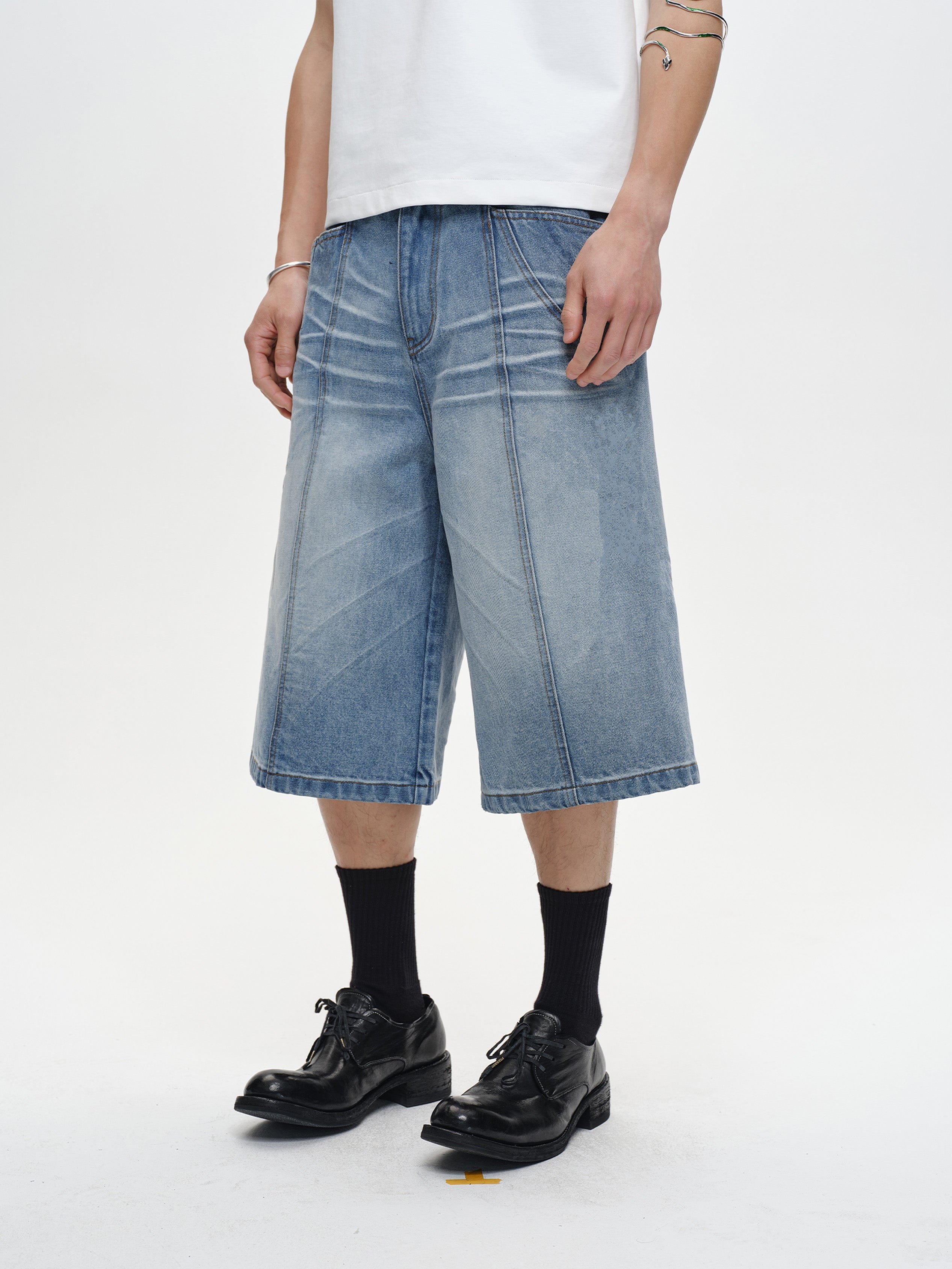 CATSSTAC Whisker-Wash Middle-Spliced Wide-Leg Shorts, premium urban and streetwear designers apparel on PROJECTISR.com, CATSSTAC