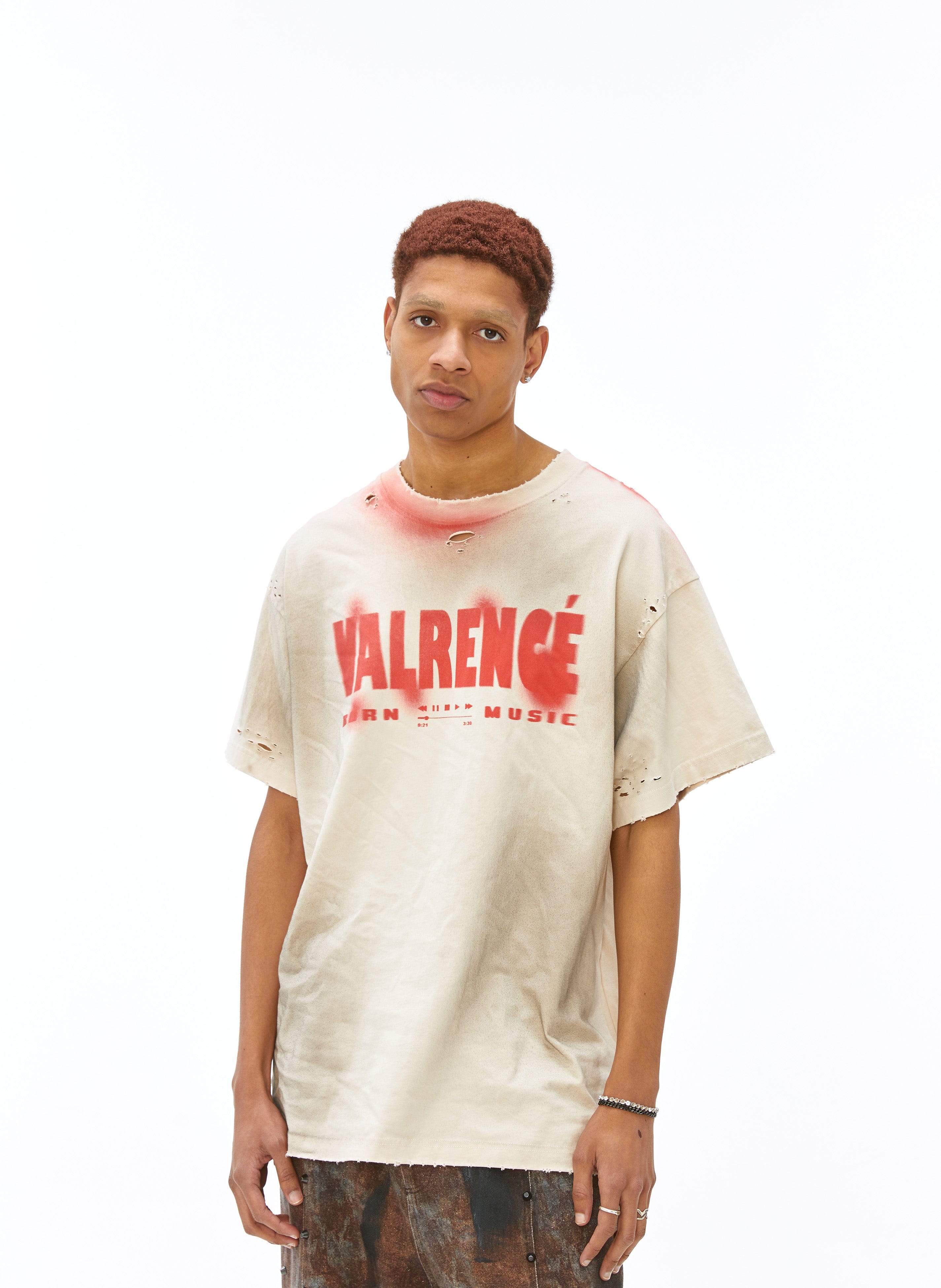 VANN VALRENCE Distressed Washed Spray Faded LOGO T-Shirt