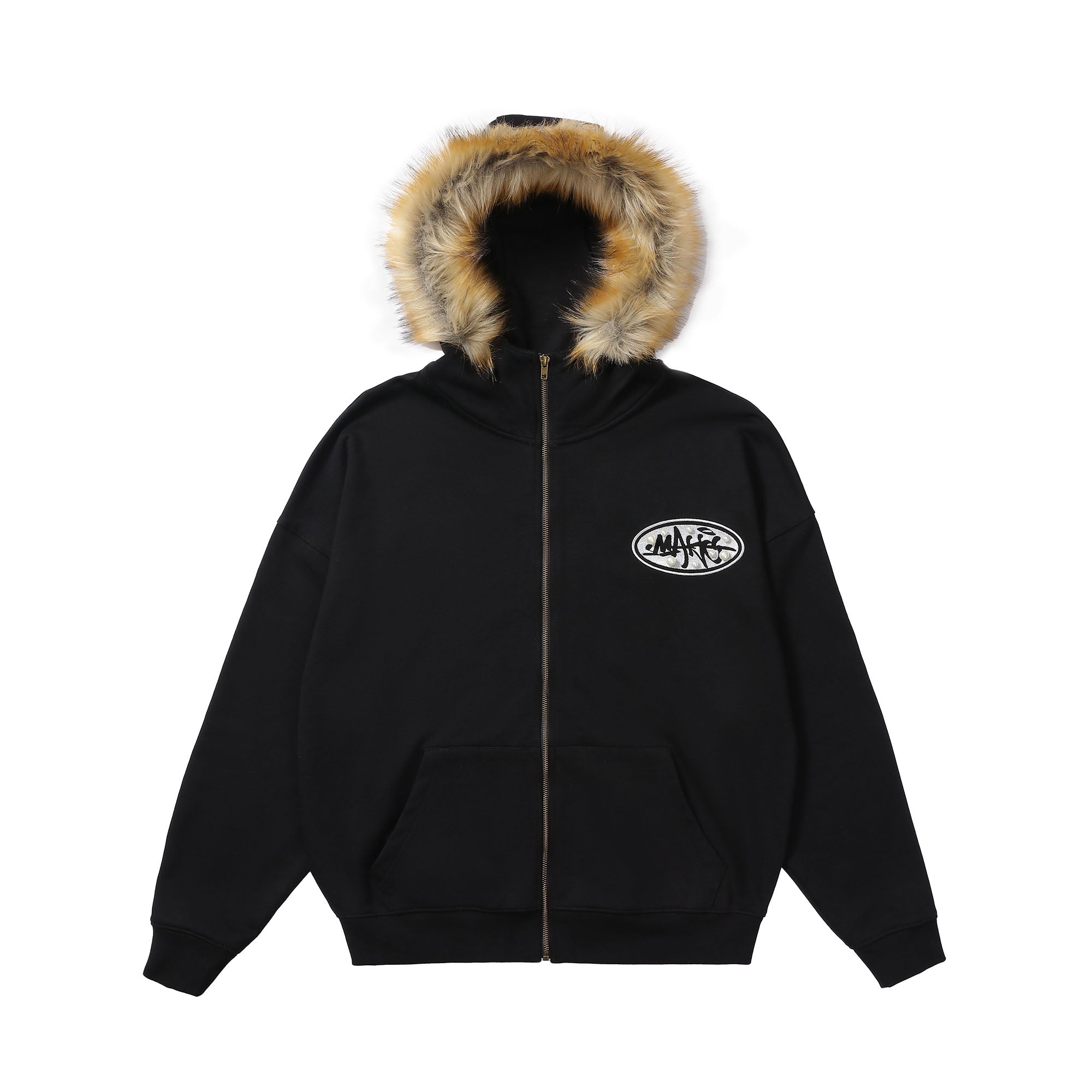 MAKEMORE Faux Fur Trim Pearl Patch Hooded Jacket