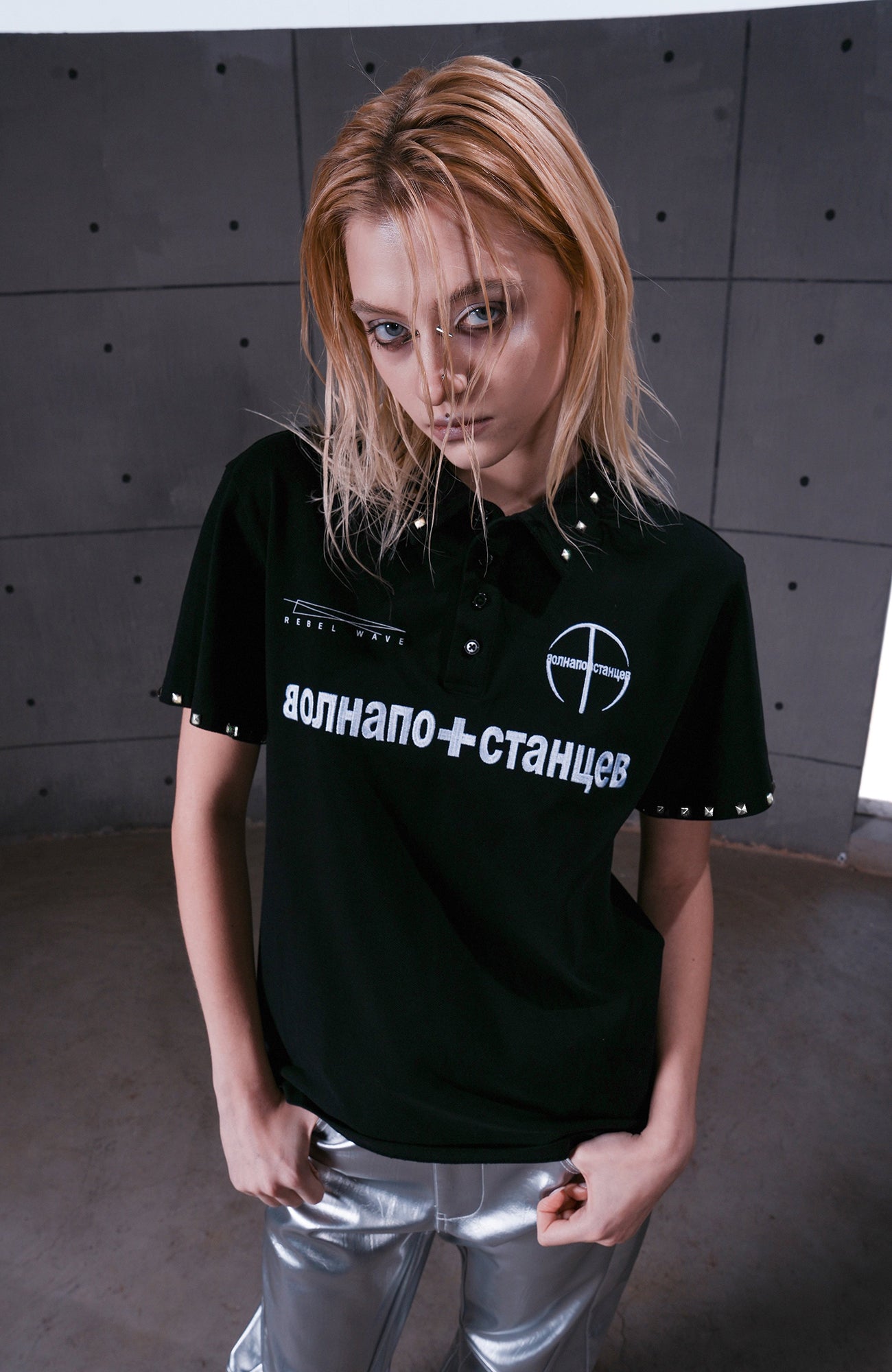 REBEL WAVE Studded LOGO Graphic Polo Shirt