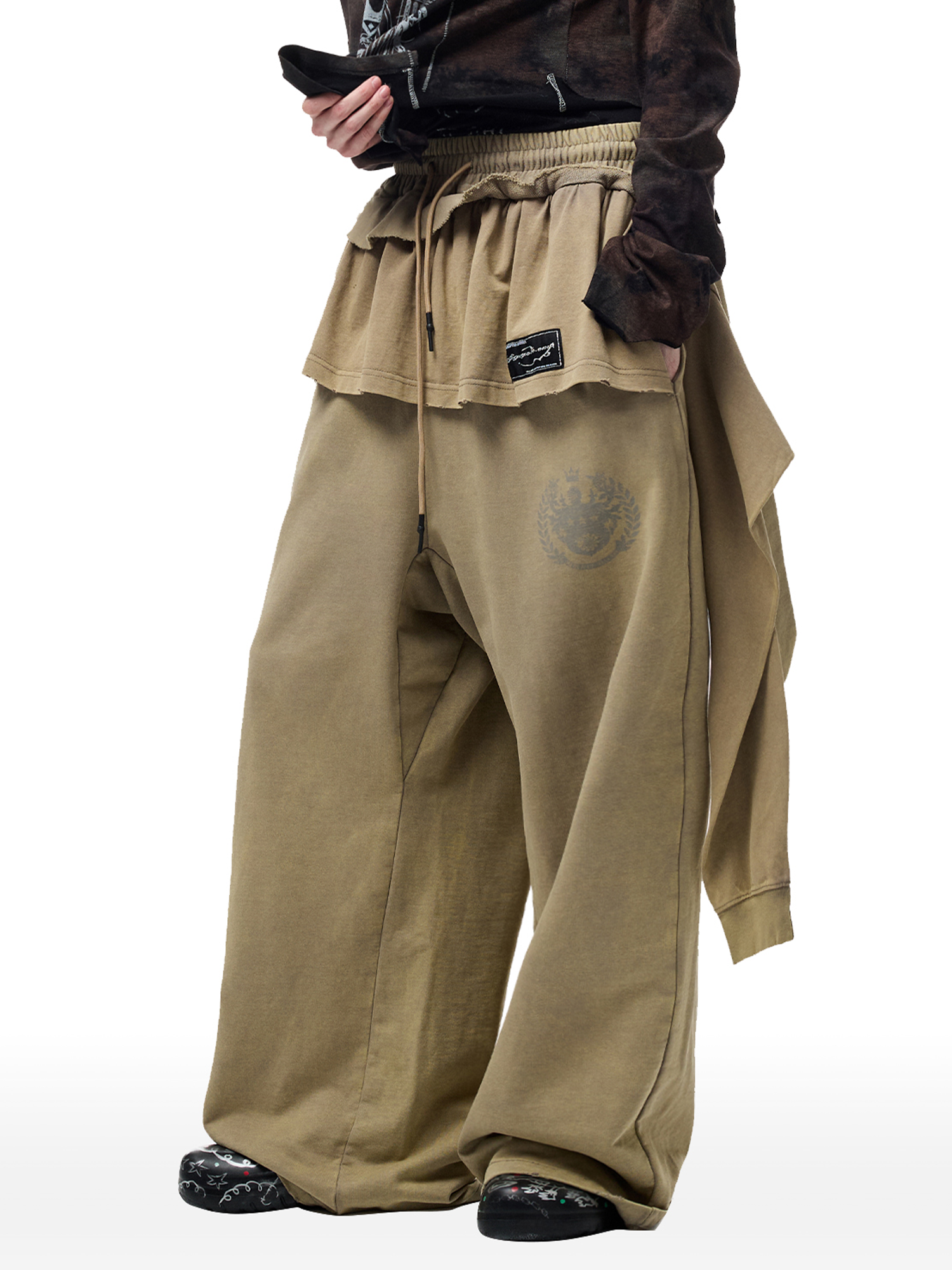 CYCYCY Layered Raw Edge Wide-Leg Sweatpants Khaki