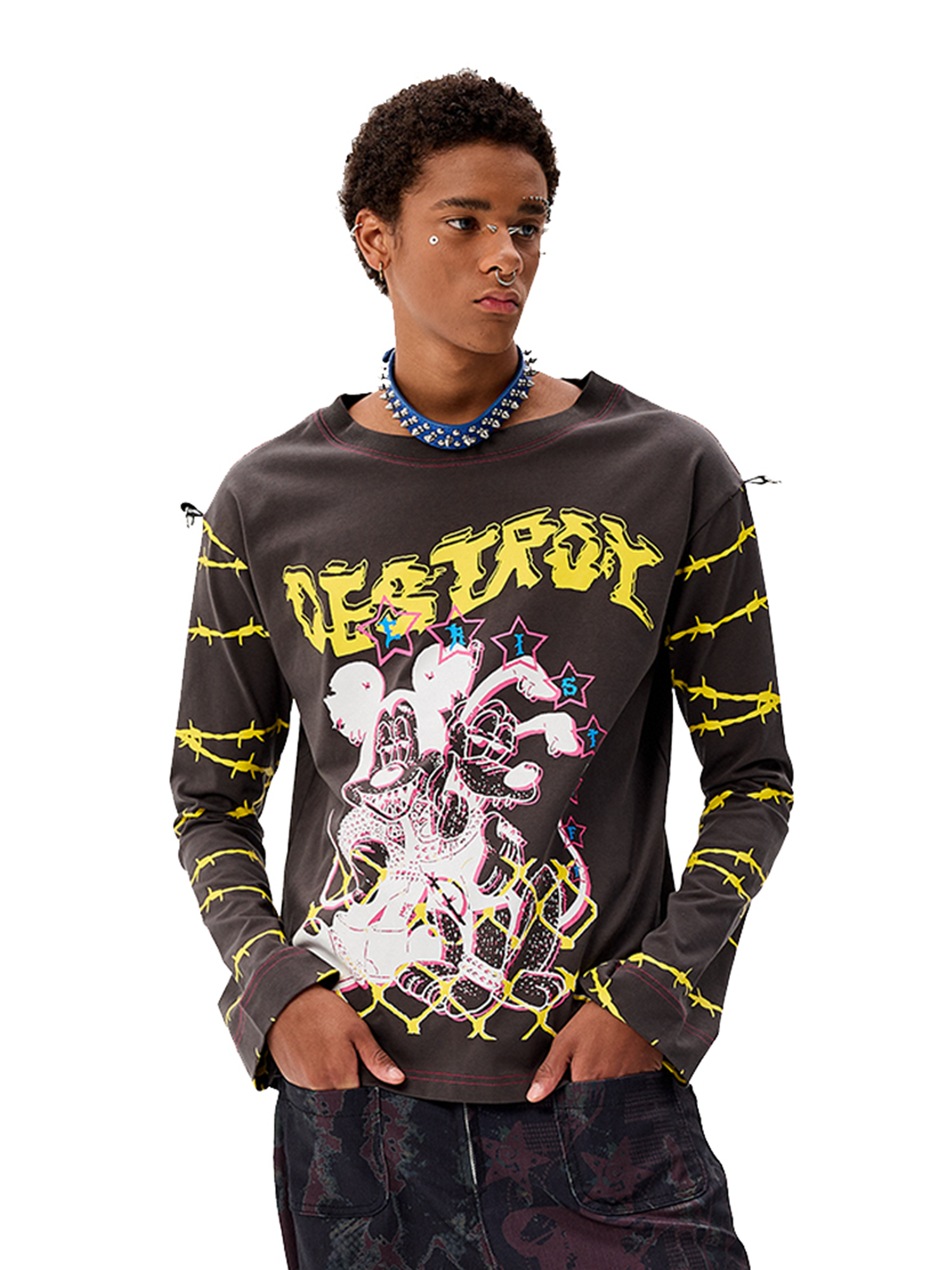 CYCYCY Punk Cartoon Mouse Graphic Long-Sleeve Tee