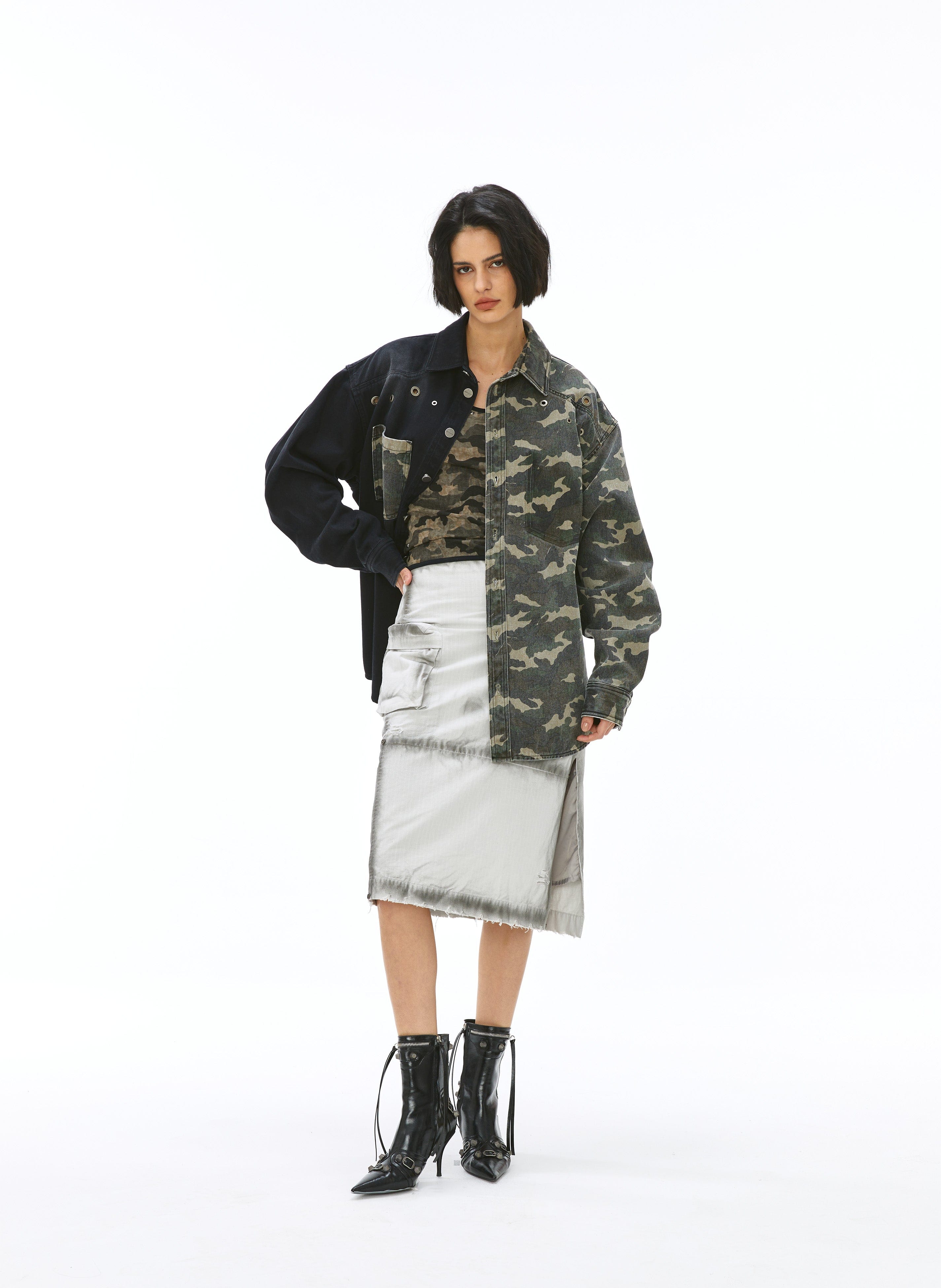 VANN VALRENCE Paneled Camo Denim Shirt