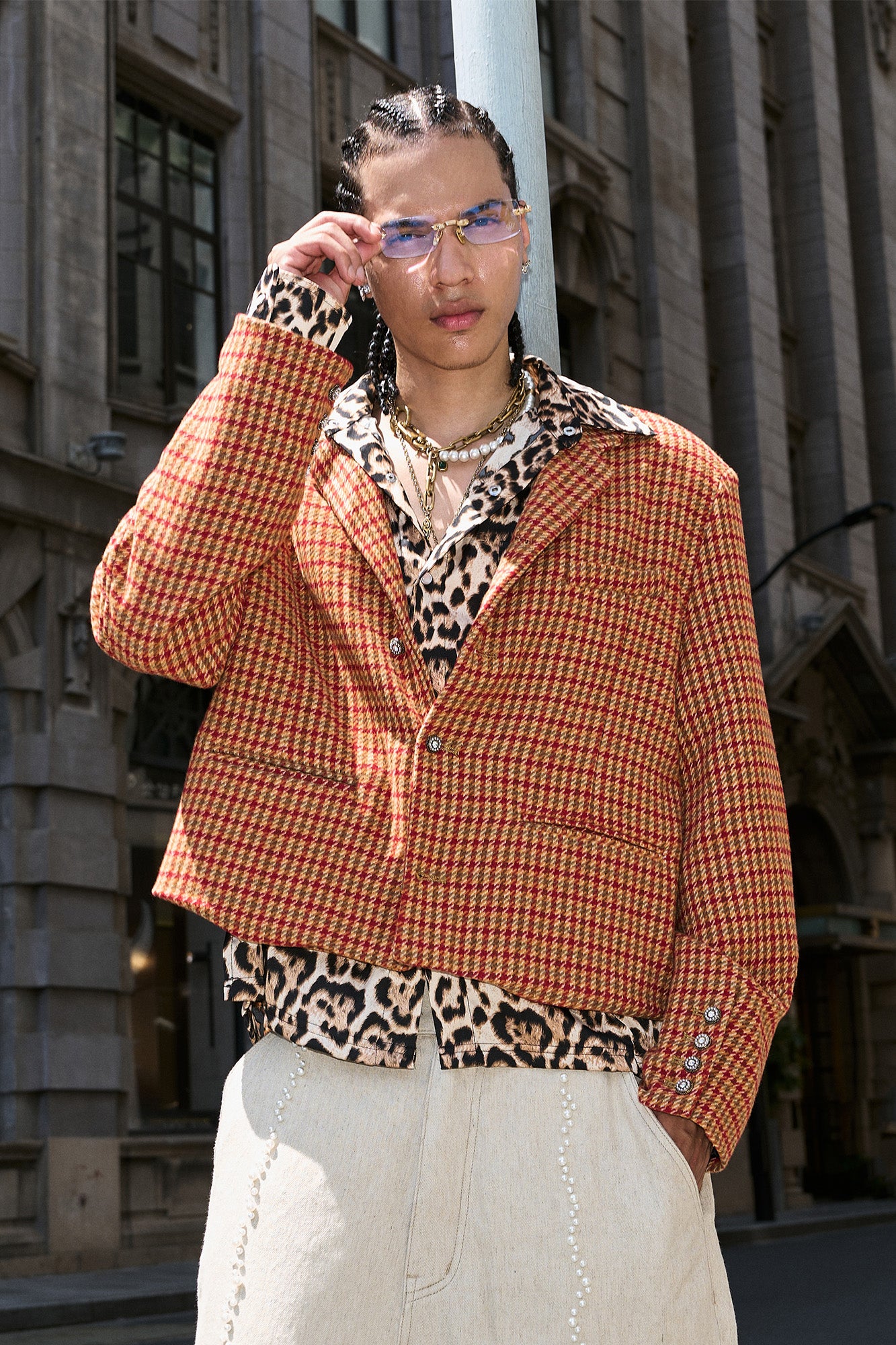 STEEPC Houndstooth Wool-Blend Stand-Collar Boxy Blazer