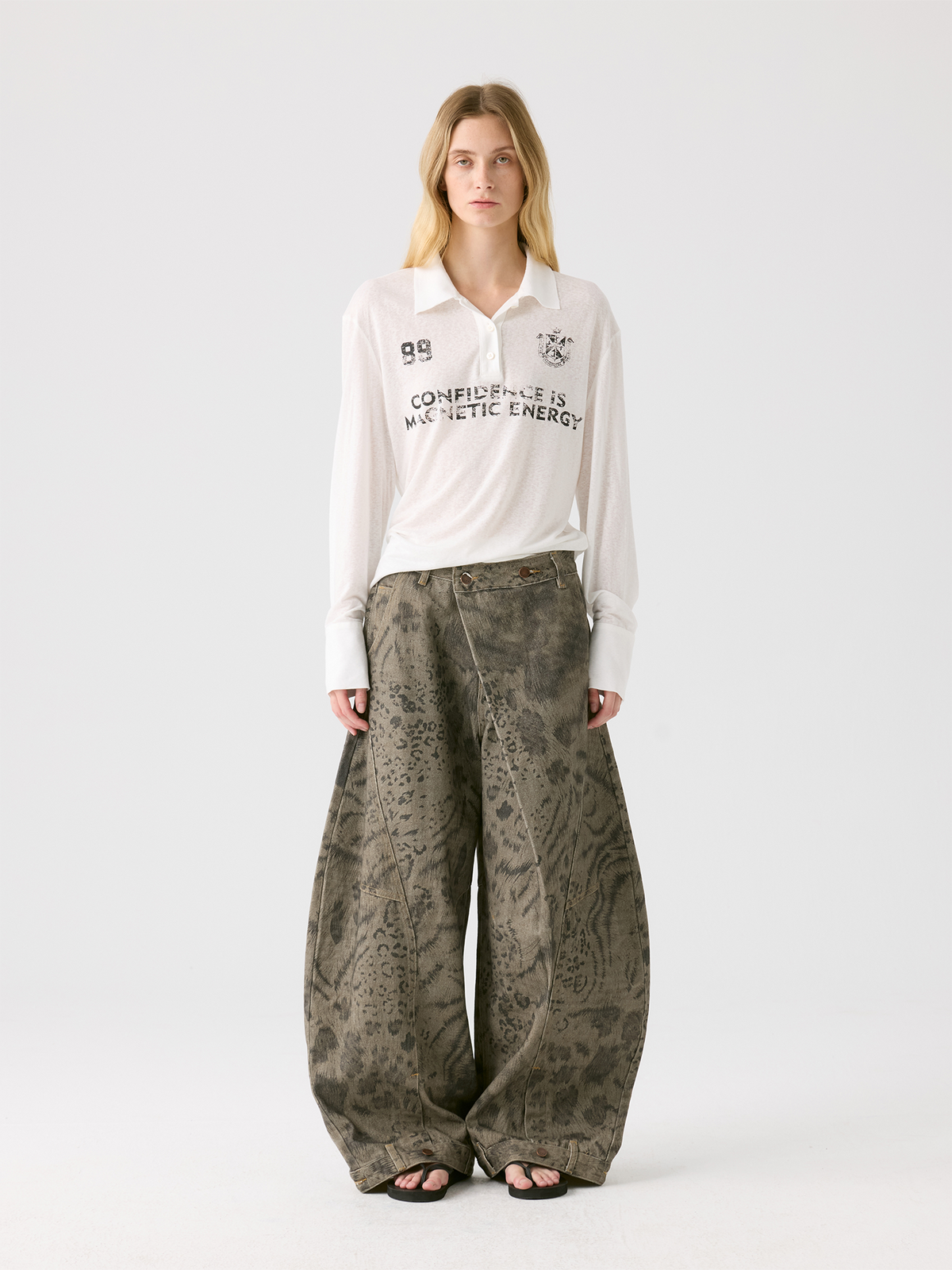 HAHAHA Animal Totem Graphic Crossover-Waist Curved Wide-Leg Pants