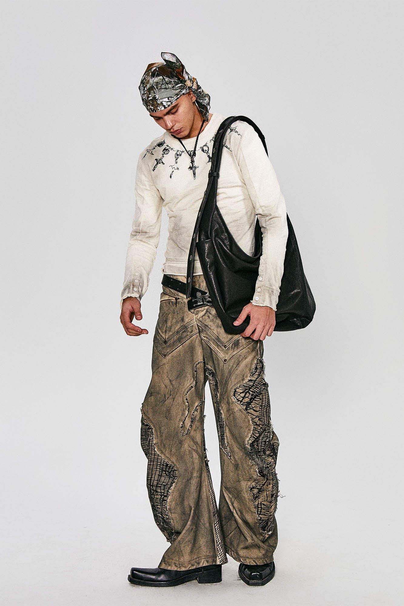 FLYERRER Distressed Cross Chain Graphic Long-Sleeve Tee, premium urban and streetwear designers apparel on PROJECTISR.com, FLYERRER