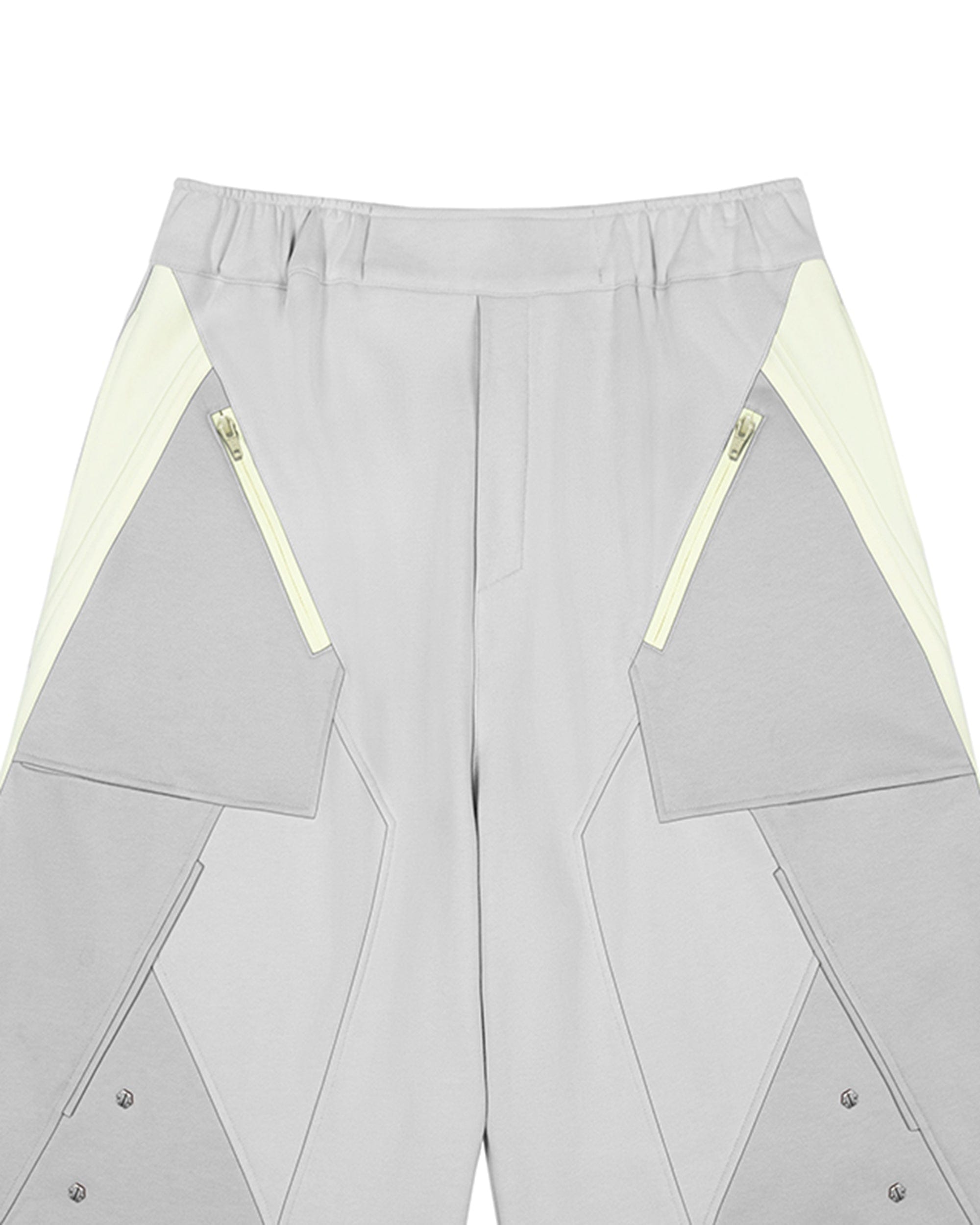 XIPHEVIL Deconstructed Zipper Rivet Shorts Light Grey, premium urban and streetwear designers apparel on PROJECTISR.com, XIPHEVIL