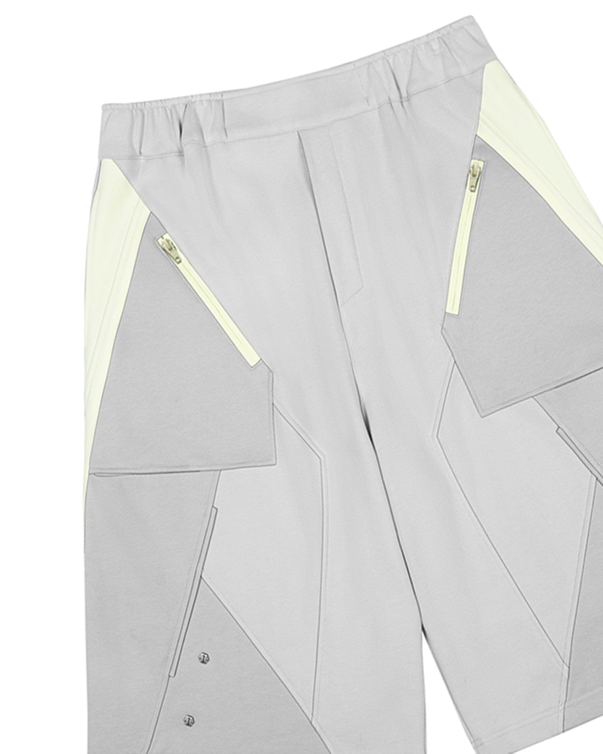 XIPHEVIL Deconstructed Zipper Rivet Shorts Light Grey, premium urban and streetwear designers apparel on PROJECTISR.com, XIPHEVIL