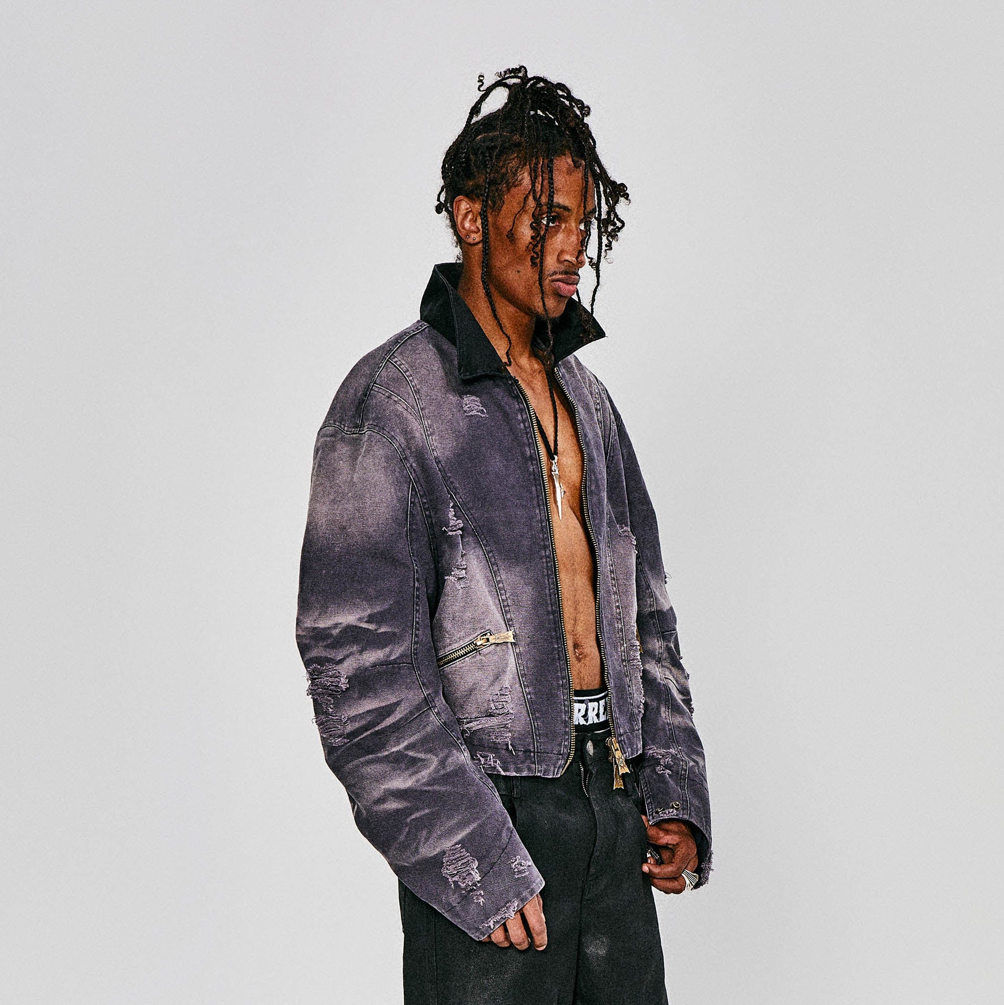 FLYERRER Distressed Curved Spliced Jacket Grey, premium urban and streetwear designers apparel on PROJECTISR.com, FLYERRER
