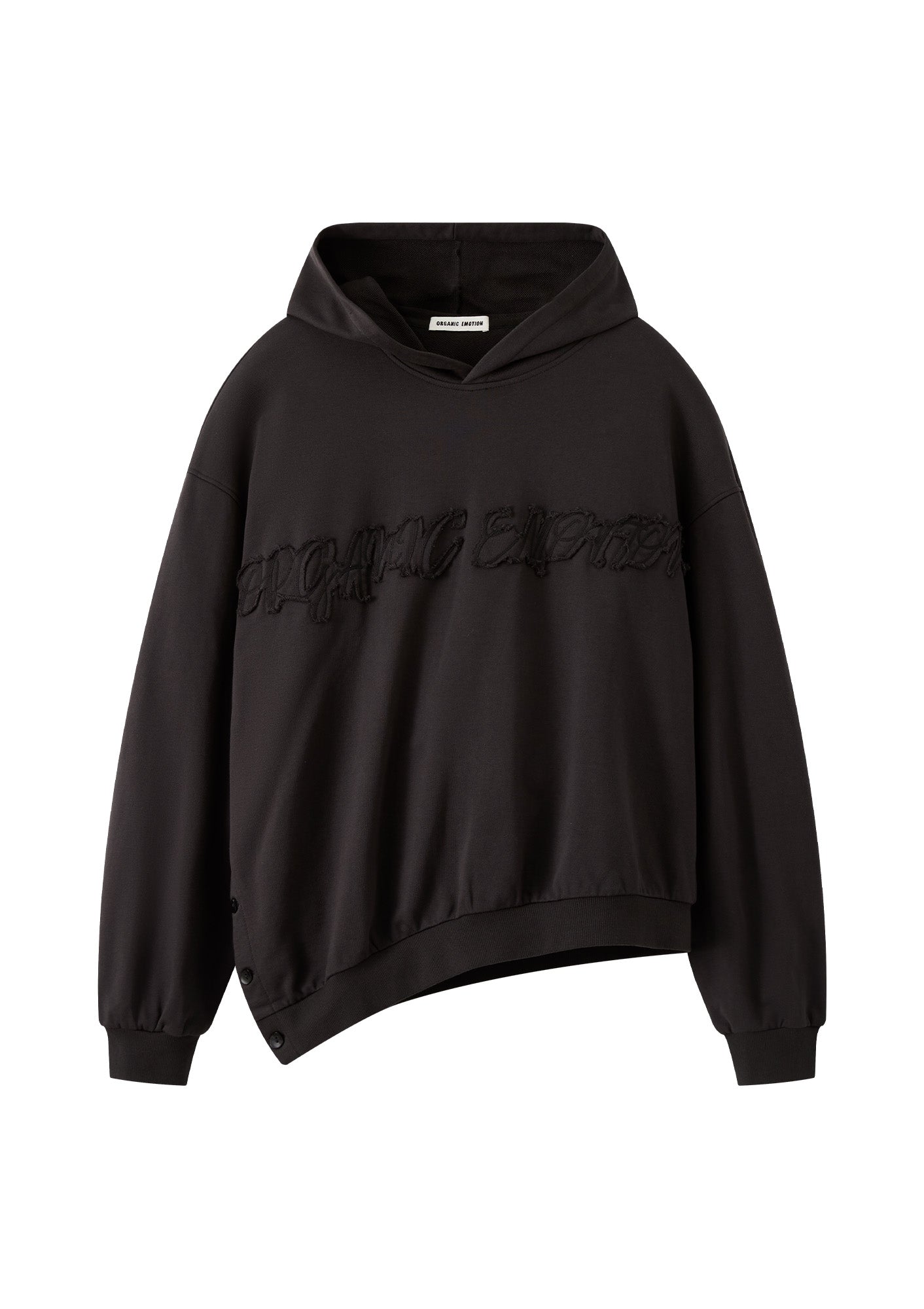 ORGANIC EMOTION Asymmetrical Hem LOGO Embroidered Hoodie, premium urban and streetwear designers apparel on PROJECTISR.com, ORGANIC EMOTION