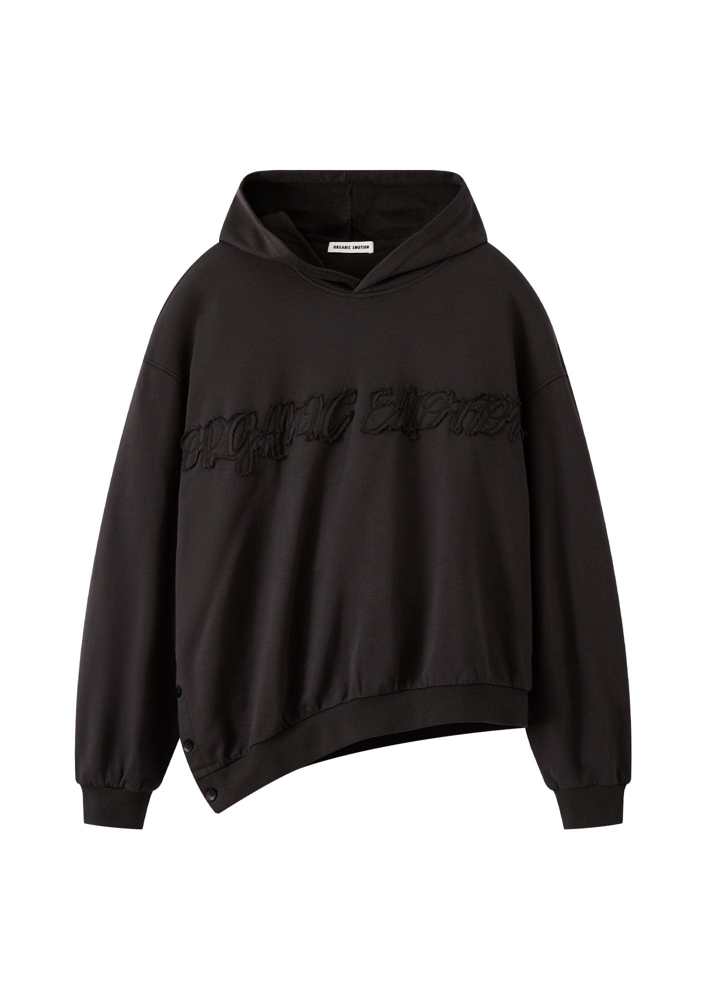 ORGANIC EMOTION Asymmetrical Hem LOGO Embroidered Hoodie, premium urban and streetwear designers apparel on PROJECTISR.com, ORGANIC EMOTION
