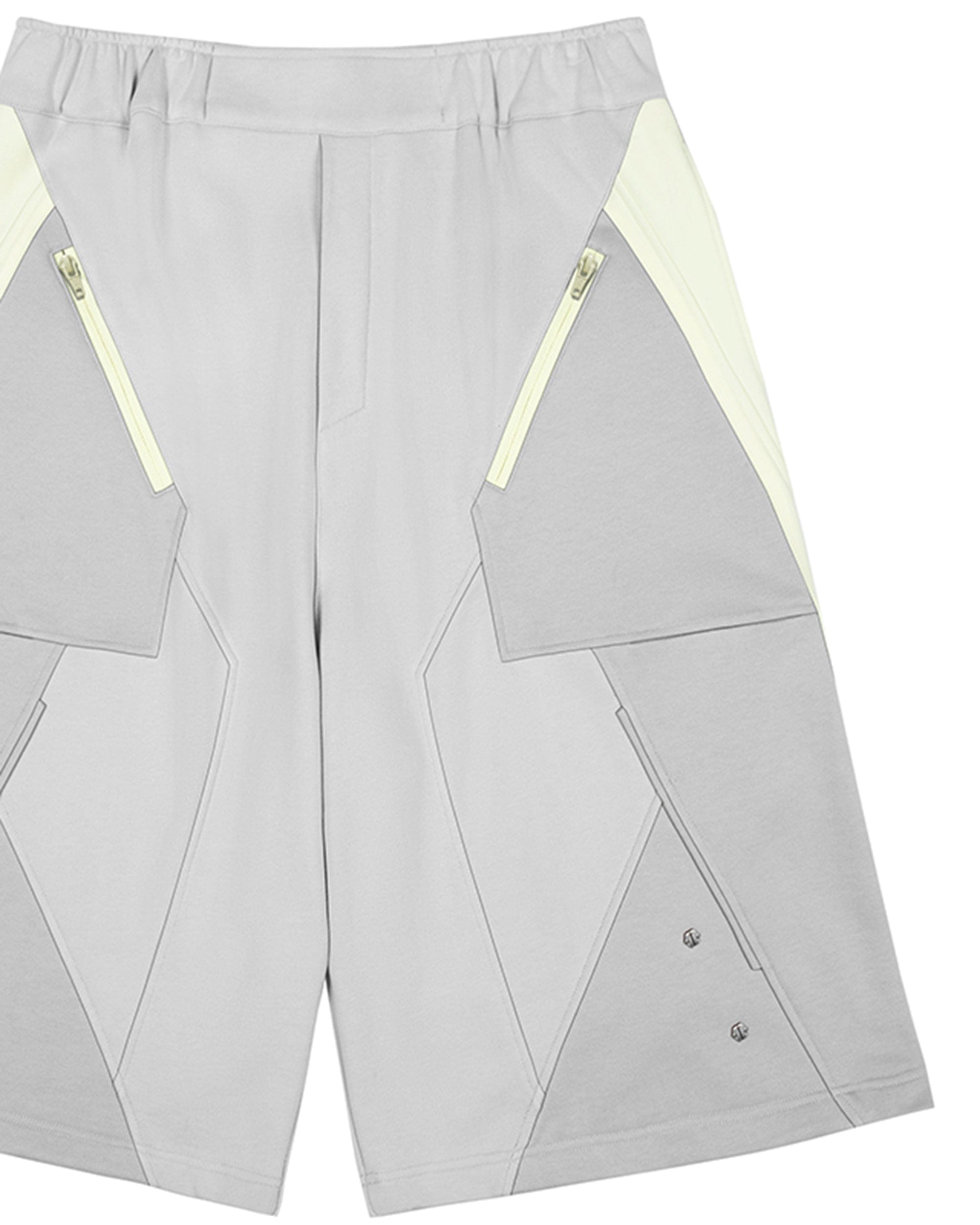 XIPHEVIL Deconstructed Zipper Rivet Shorts Light Grey, premium urban and streetwear designers apparel on PROJECTISR.com, XIPHEVIL