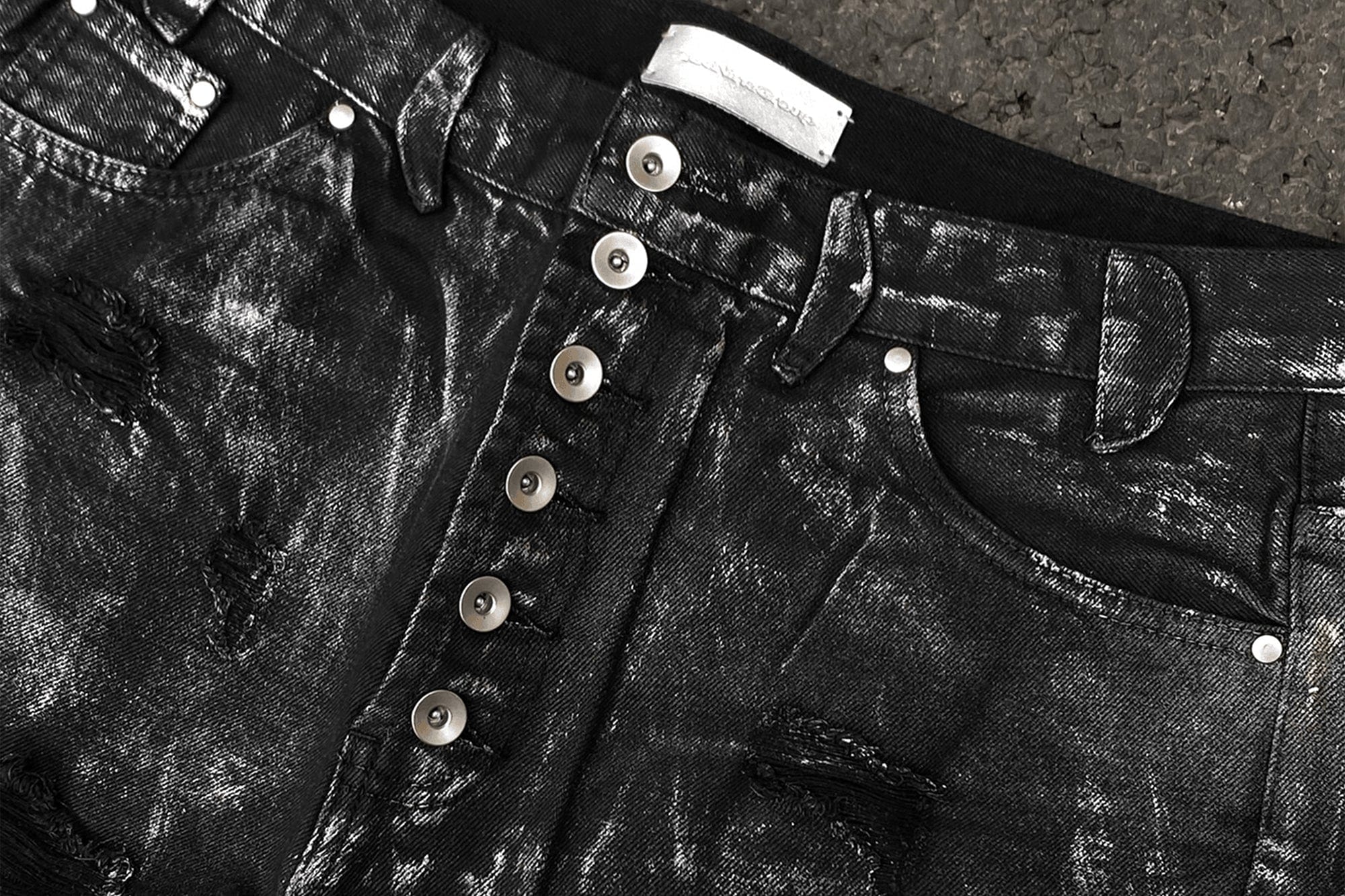 TECNINEGROUP Distressed Waxed Metallic Glazed Flared Jeans, premium urban and streetwear designers apparel on PROJECTISR.com, TECNINEGROUP