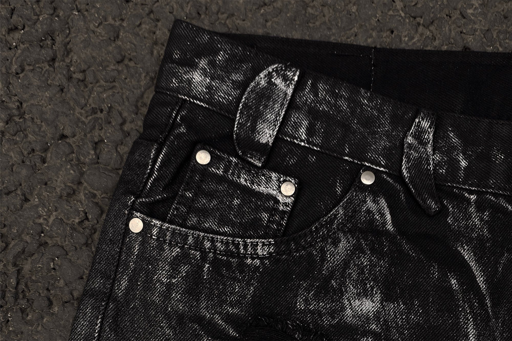 TECNINEGROUP Distressed Waxed Metallic Glazed Flared Jeans, premium urban and streetwear designers apparel on PROJECTISR.com, TECNINEGROUP