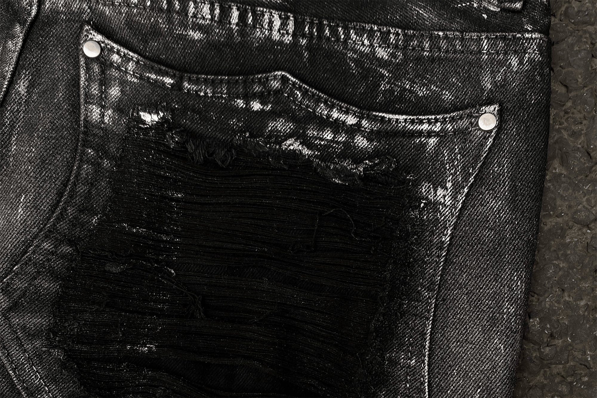 TECNINEGROUP Distressed Waxed Metallic Glazed Flared Jeans, premium urban and streetwear designers apparel on PROJECTISR.com, TECNINEGROUP