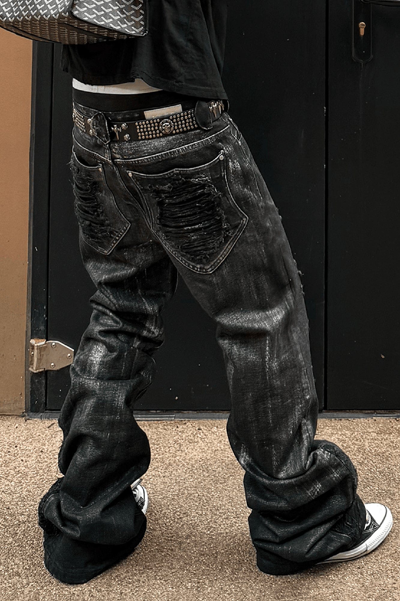 TECNINEGROUP Distressed Waxed Metallic Glazed Flared Jeans, premium urban and streetwear designers apparel on PROJECTISR.com, TECNINEGROUP
