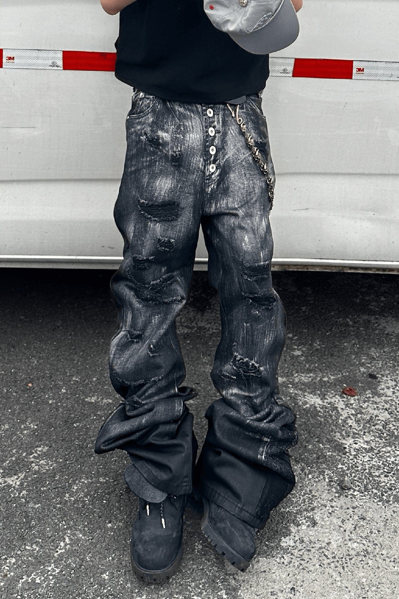 TECNINEGROUP Distressed Waxed Metallic Glazed Flared Jeans, premium urban and streetwear designers apparel on PROJECTISR.com, TECNINEGROUP