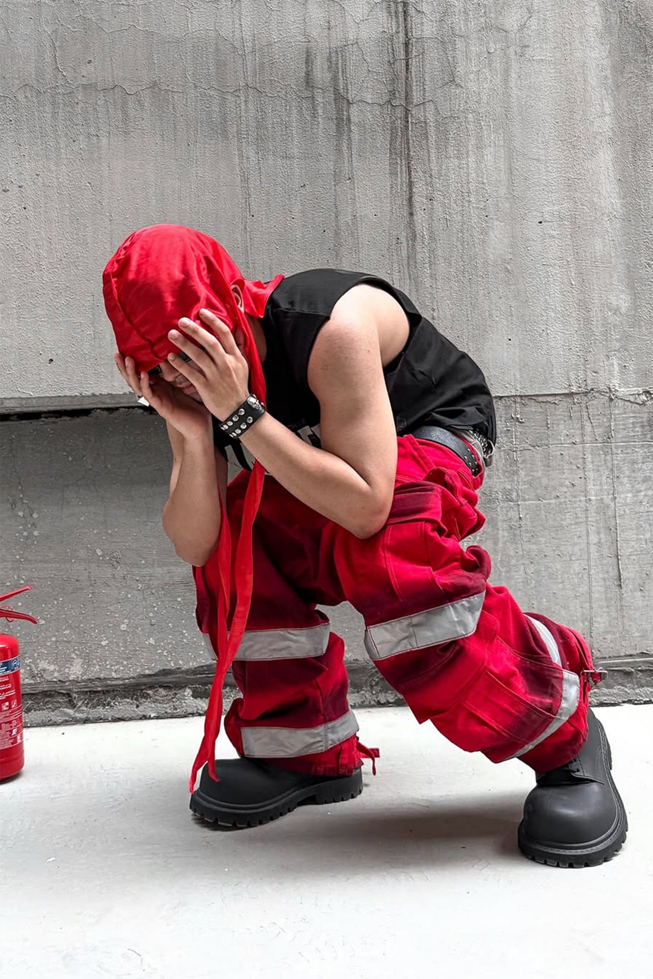 TECNINEGROUP Washed Detachable Reflective Firefighter Cargo Pants Red, premium urban and streetwear designers apparel on PROJECTISR.com, TECNINEGROUP