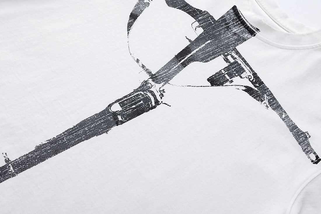 LUUUCAM Cruciform Rifle Graphic Washed T-Shirt, premium urban and streetwear designers apparel on PROJECTISR.com, LUUUCAM
