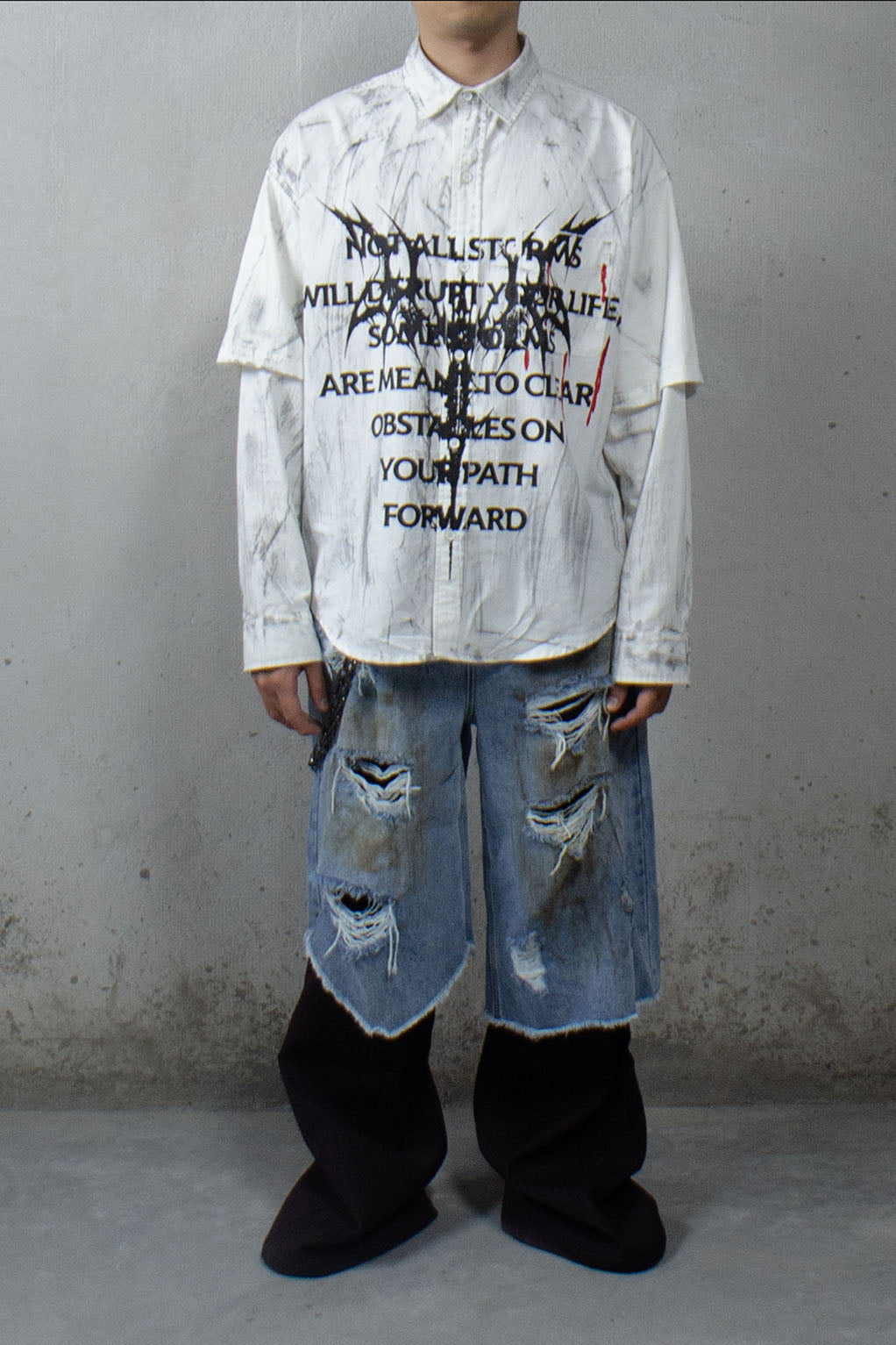 LUUUCAM Slogan Graphic Paintbrush Double-Layer Shirt, premium urban and streetwear designers apparel on PROJECTISR.com, LUUUCAM