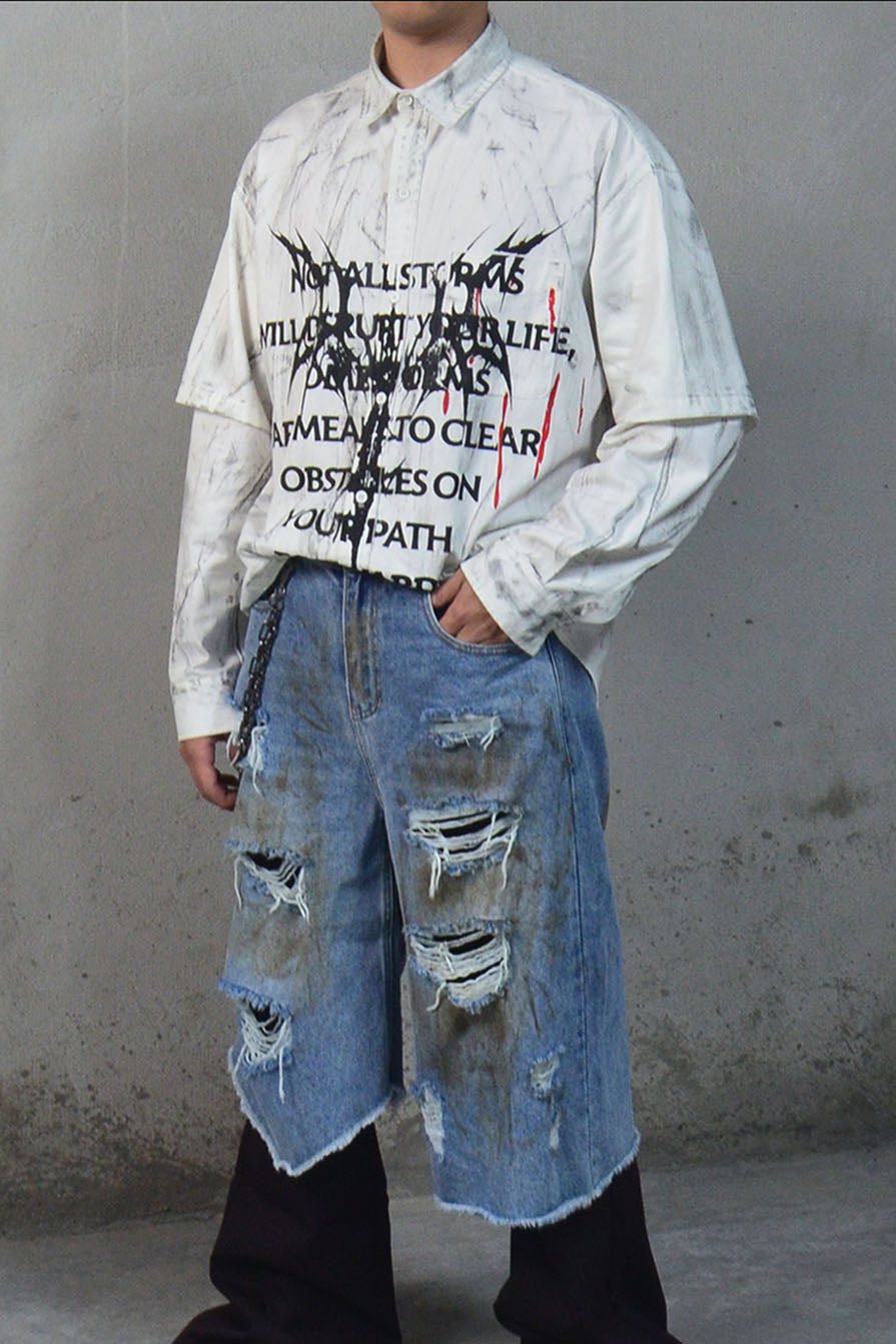 LUUUCAM Slogan Graphic Paintbrush Double-Layer Shirt, premium urban and streetwear designers apparel on PROJECTISR.com, LUUUCAM