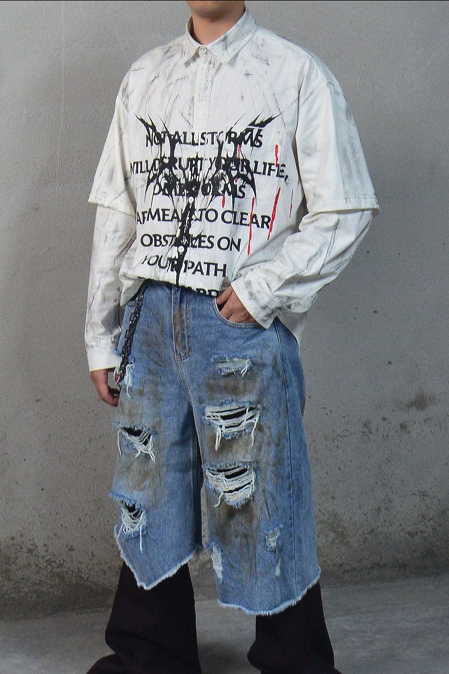 LUUUCAM Slogan Graphic Paintbrush Double-Layer Shirt, premium urban and streetwear designers apparel on PROJECTISR.com, LUUUCAM