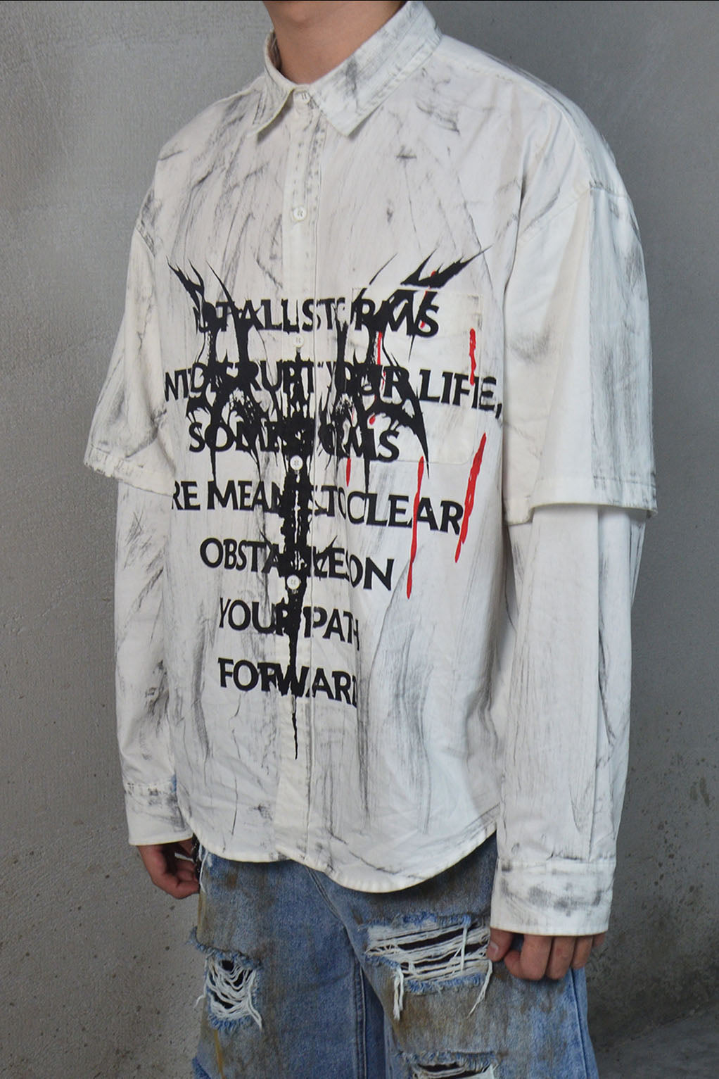 LUUUCAM Slogan Graphic Paintbrush Double-Layer Shirt, premium urban and streetwear designers apparel on PROJECTISR.com, LUUUCAM