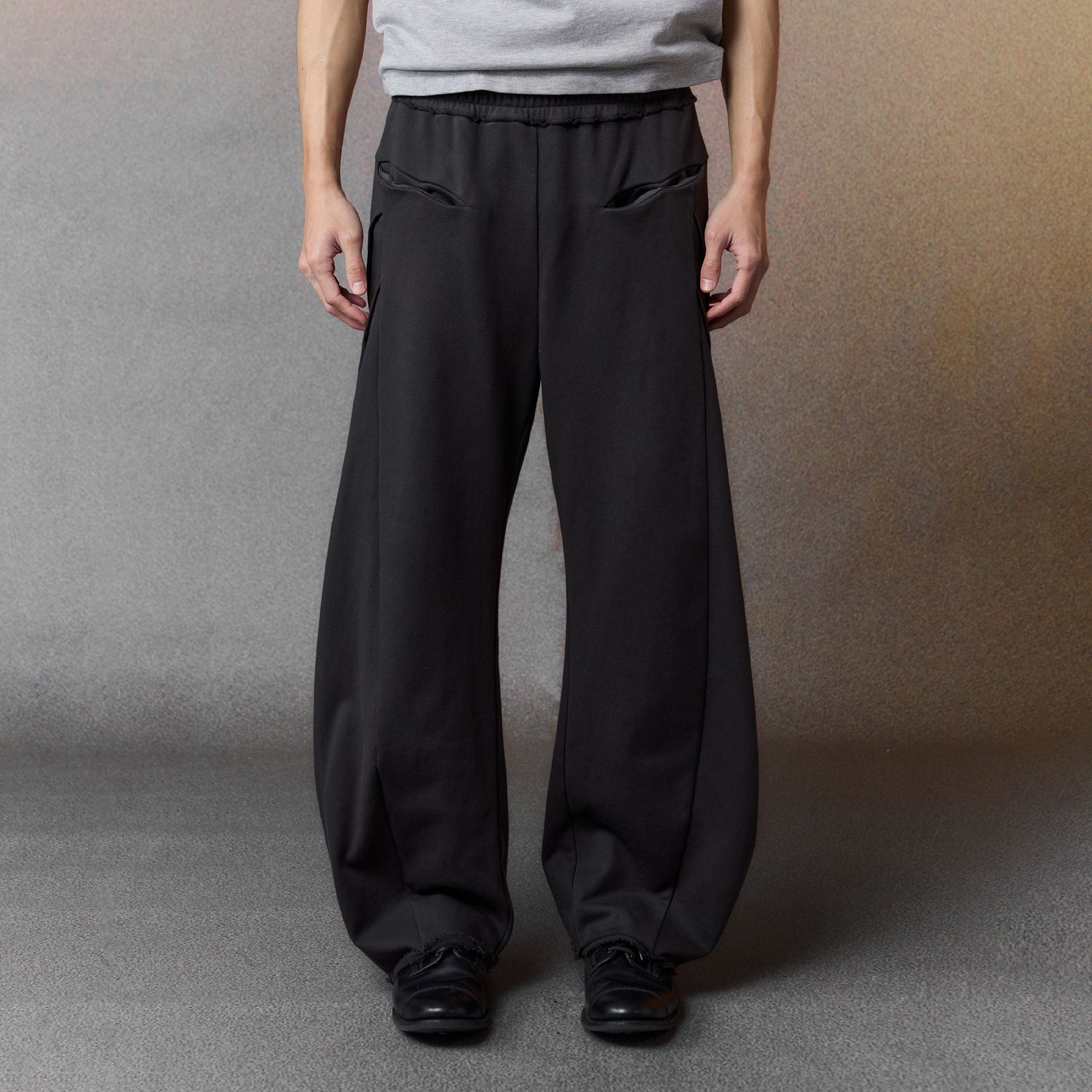 ALVNG AR ANTS Curved-Leg Pleated Raw-Hem Sweatpants, premium urban and streetwear designers apparel on PROJECTISR.com, ALVNG AR ANTS
