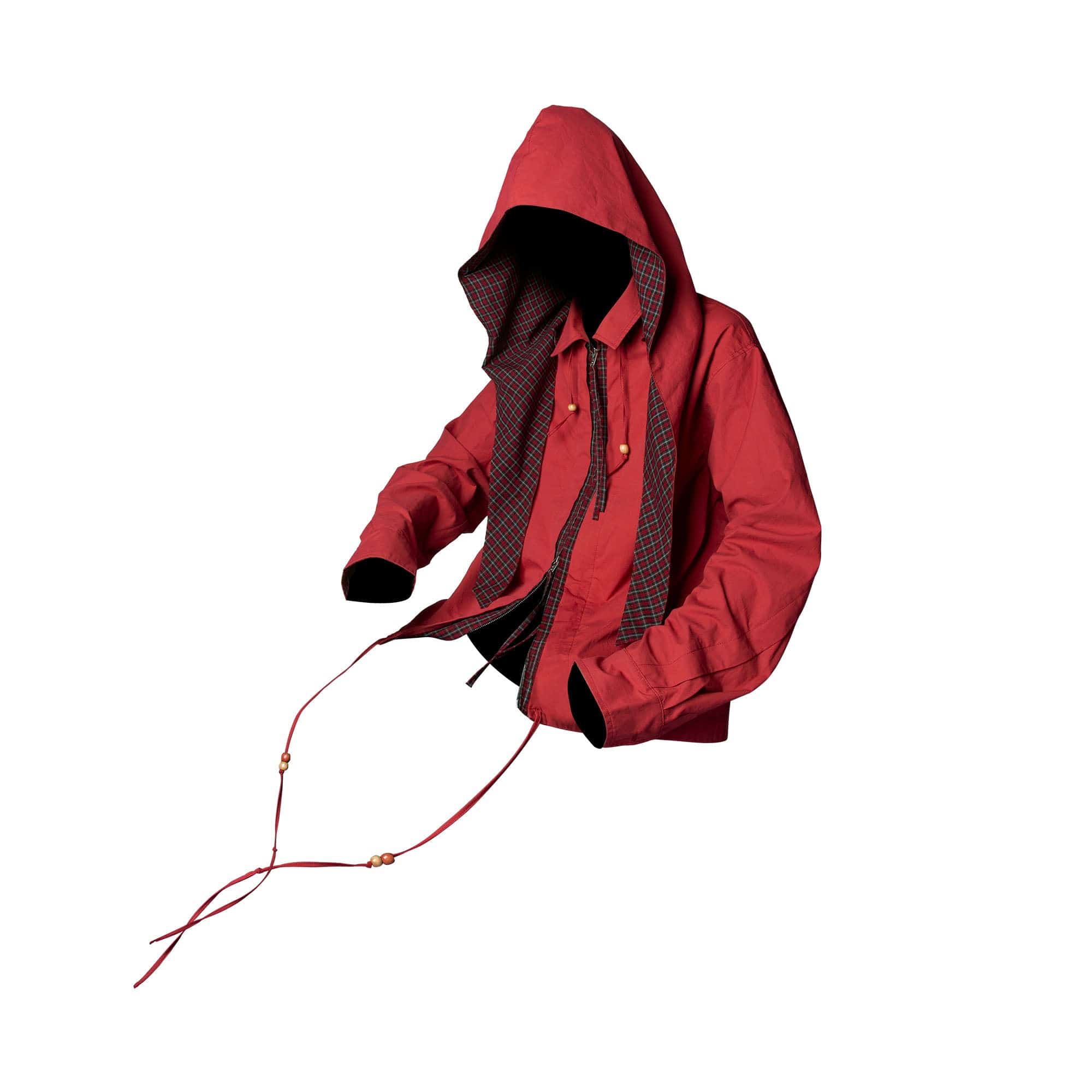 RELABEL Detachable Hood Beaded Ruched Shirt Red, premium urban and streetwear designers apparel on PROJECTISR.com, RELABEL