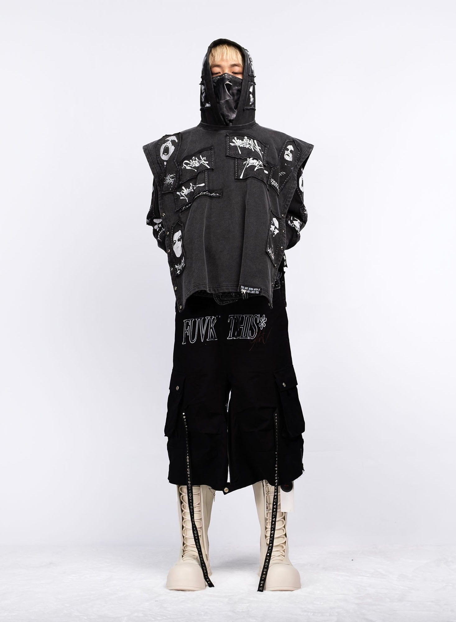 FVVO Distressed Rivet Strap Cargo Shorts Black, premium urban and streetwear designers apparel on PROJECTISR.com, FVVO
