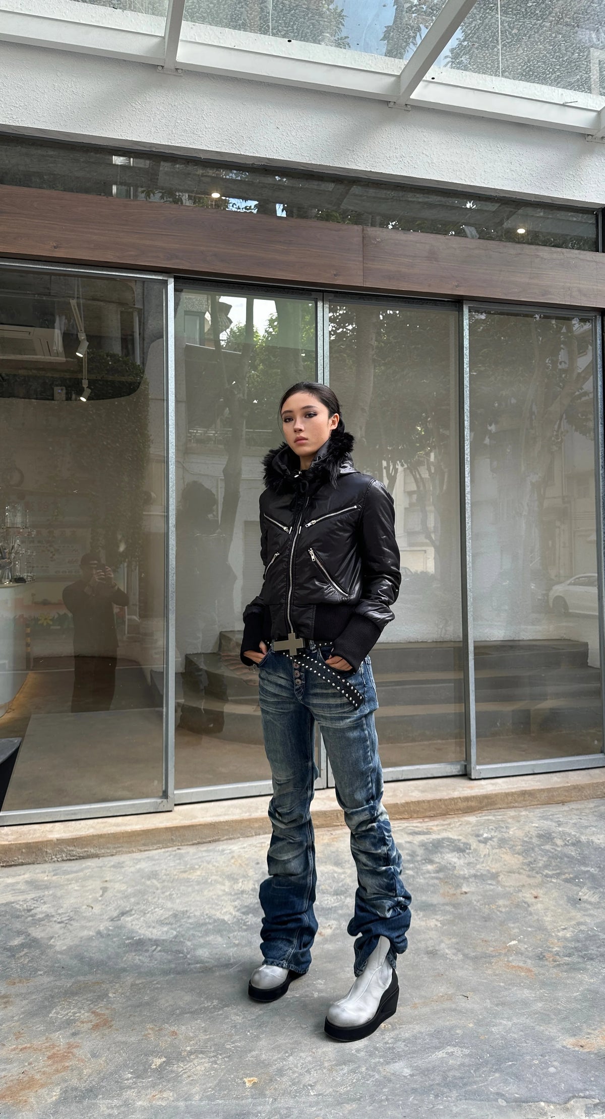 REBEL WAVE Detachable Faux Fur Collar Zip-Up Hooded Jacket
