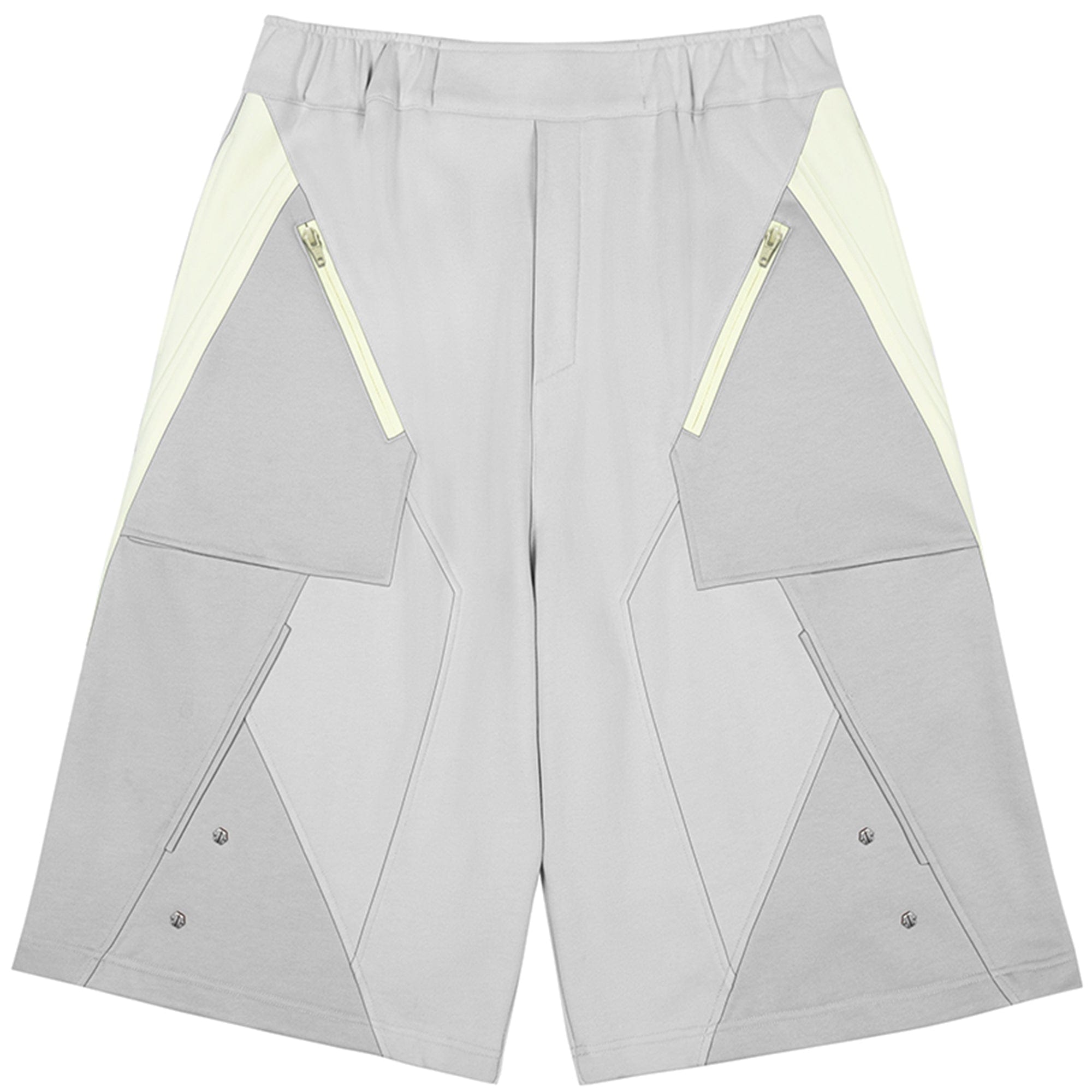XIPHEVIL Deconstructed Zipper Rivet Shorts Light Grey, premium urban and streetwear designers apparel on PROJECTISR.com, XIPHEVIL