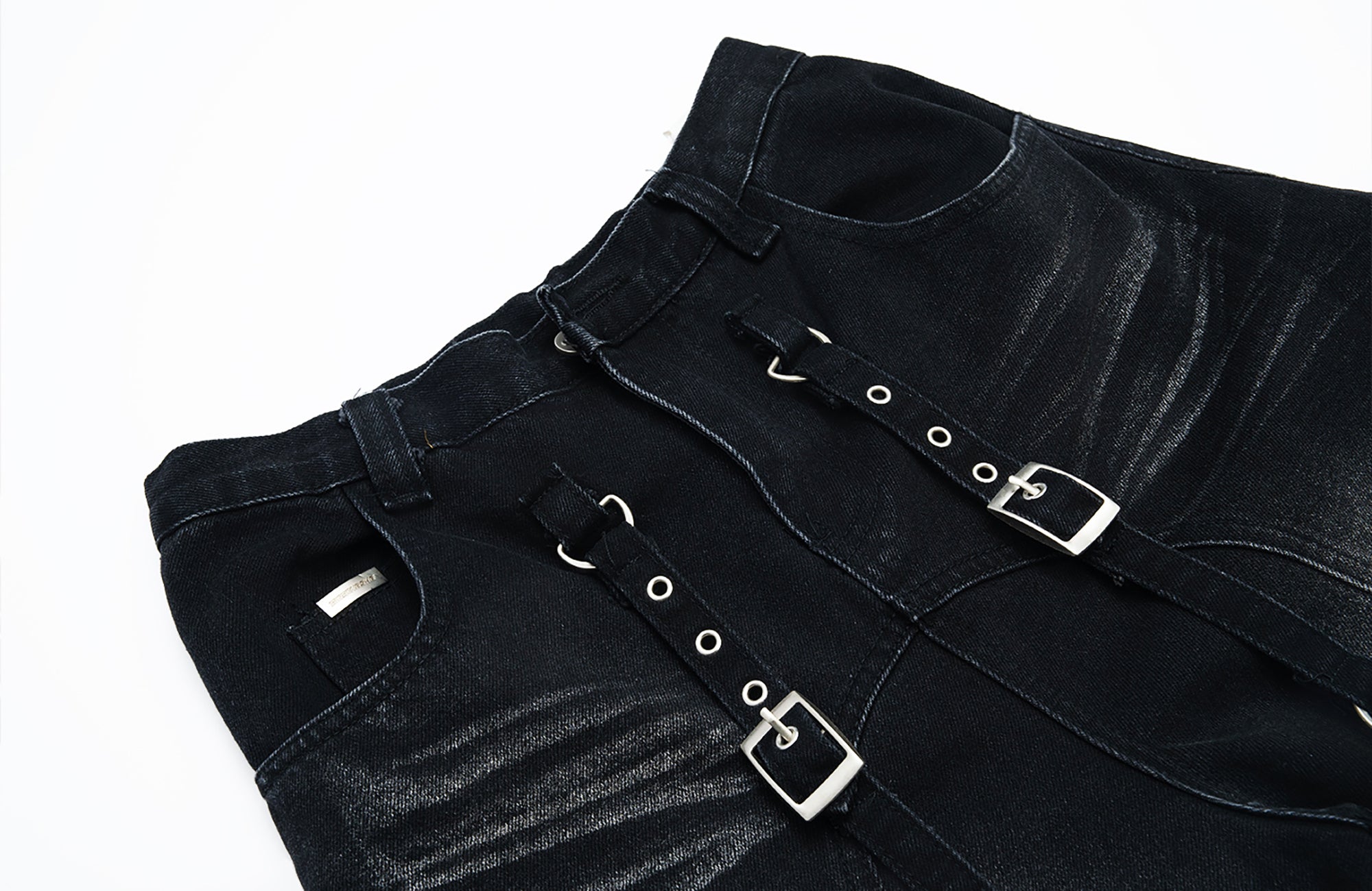 MOGONGSHE Detachable Drape-Strap Washed Jeans