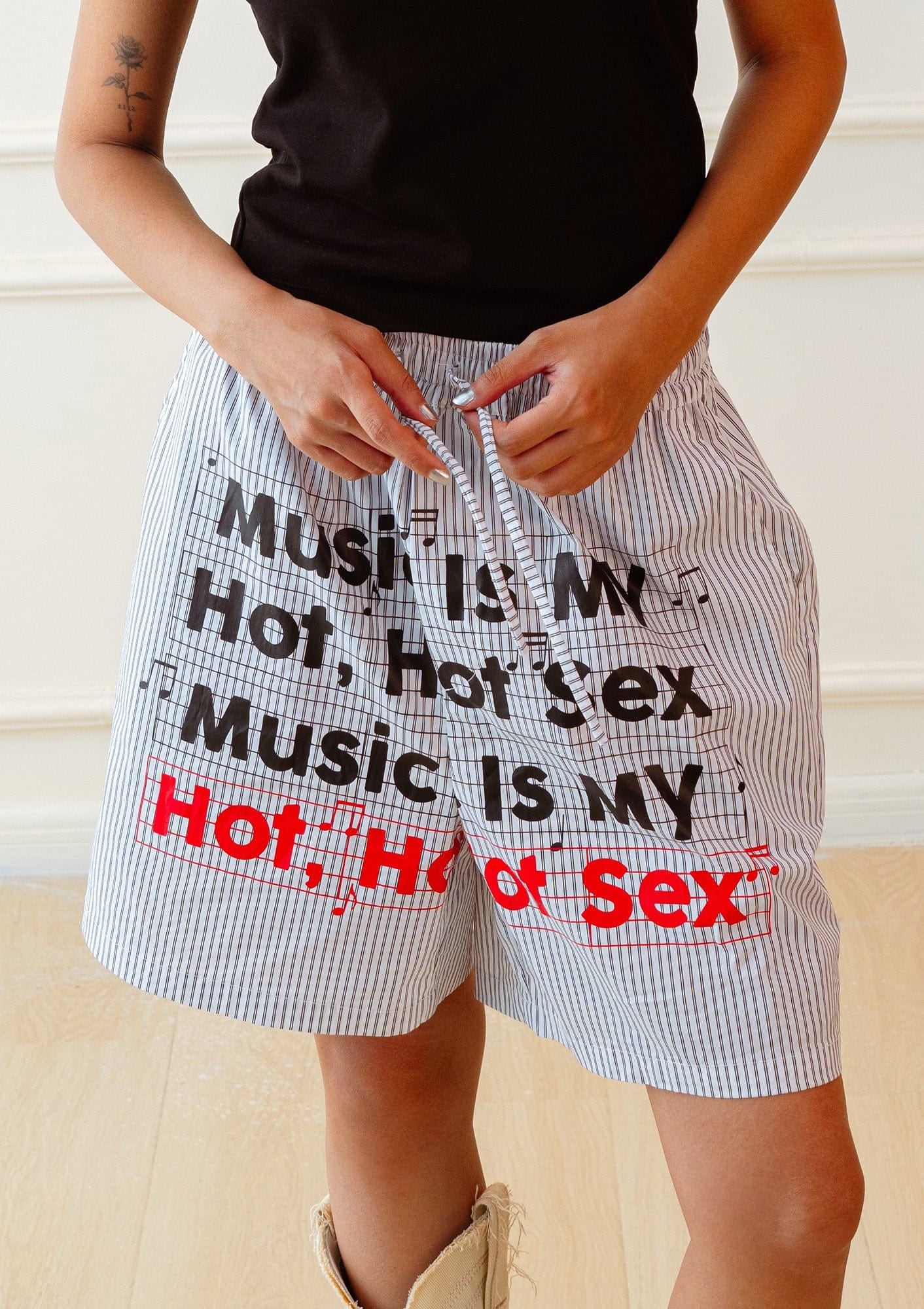 KADAKADA Stripe Slogan Graphic Lounge Shorts, premium urban and streetwear designers apparel on PROJECTISR.com, KADAKADA