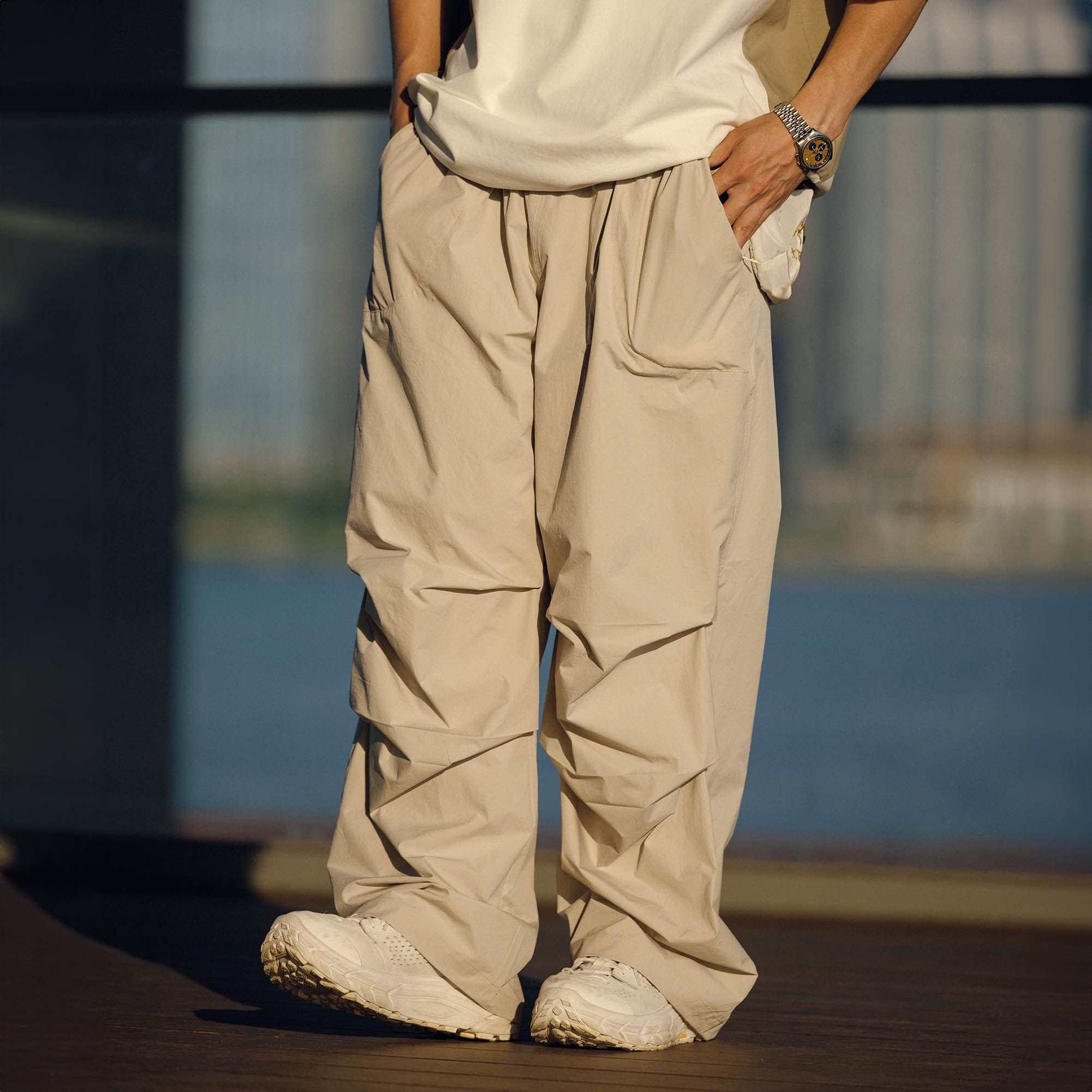 BANANA CLUB Quick-Dry Drawstring Crinkled Parachute Pants, premium urban and streetwear designers apparel on PROJECTISR.com, BANANA CLUB