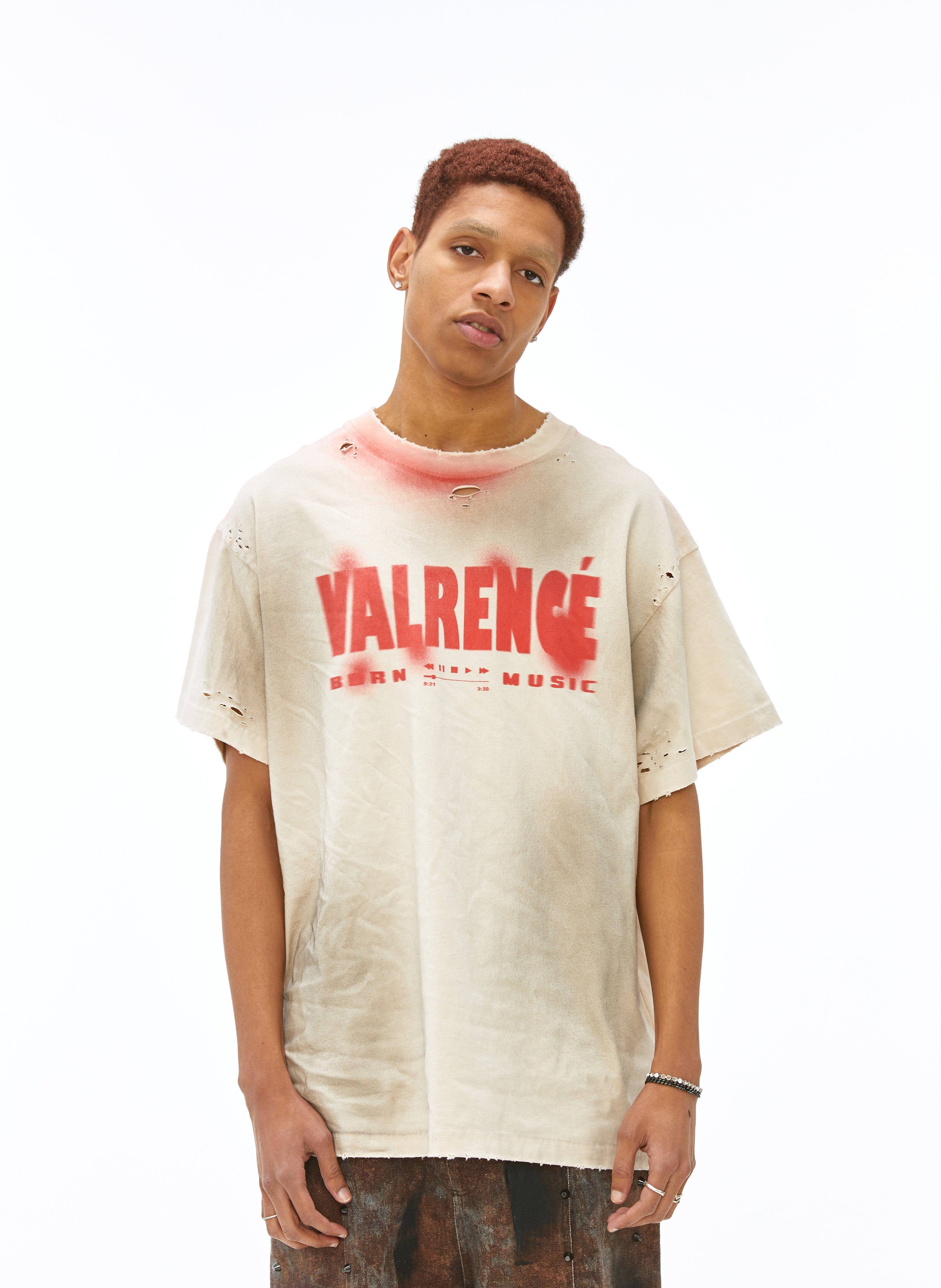 VANN VALRENCE Distressed Washed Spray Faded LOGO T-Shirt