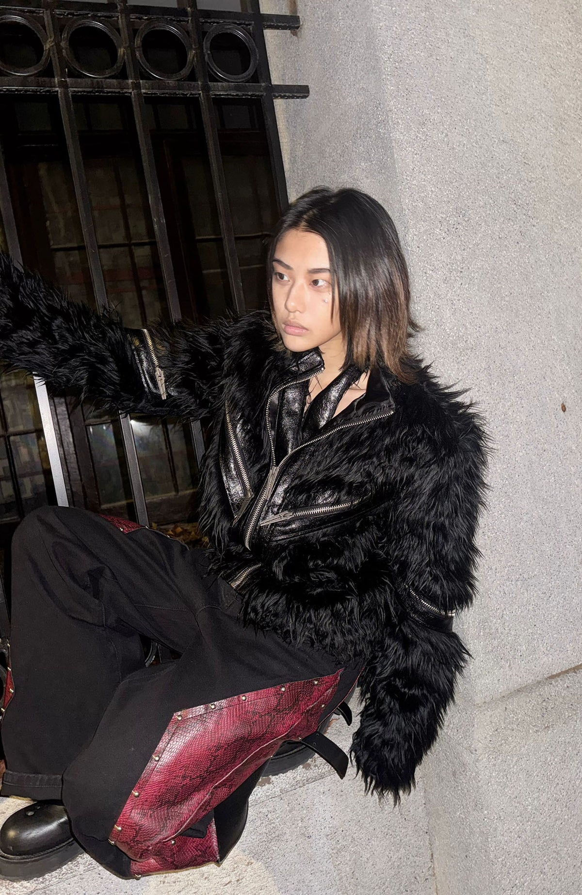 REBEL WAVE Faux Leather Zippered Faux Fur Jacket