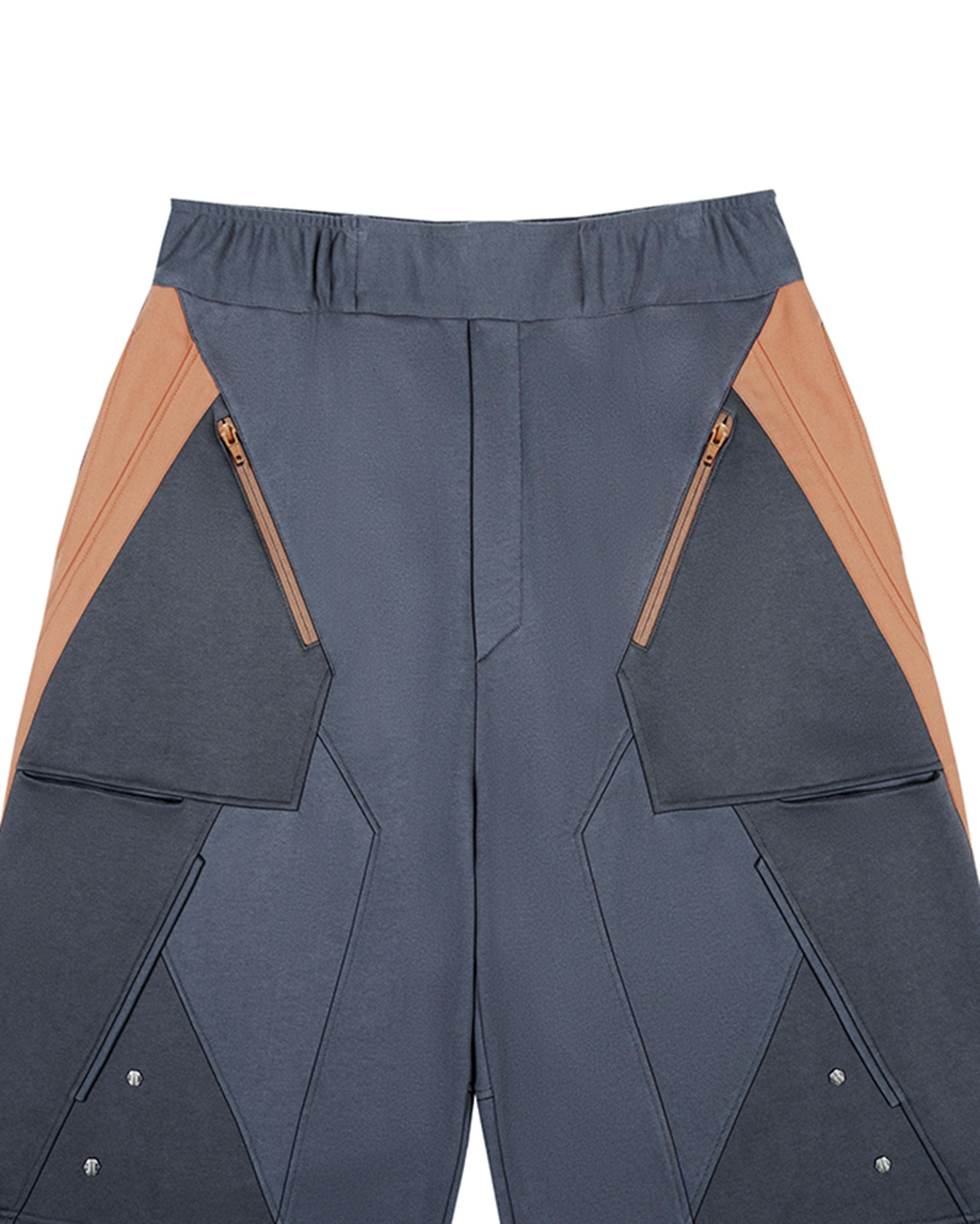 XIPHEVIL Deconstructed Zipper Rivet Shorts Orange, premium urban and streetwear designers apparel on PROJECTISR.com, XIPHEVIL