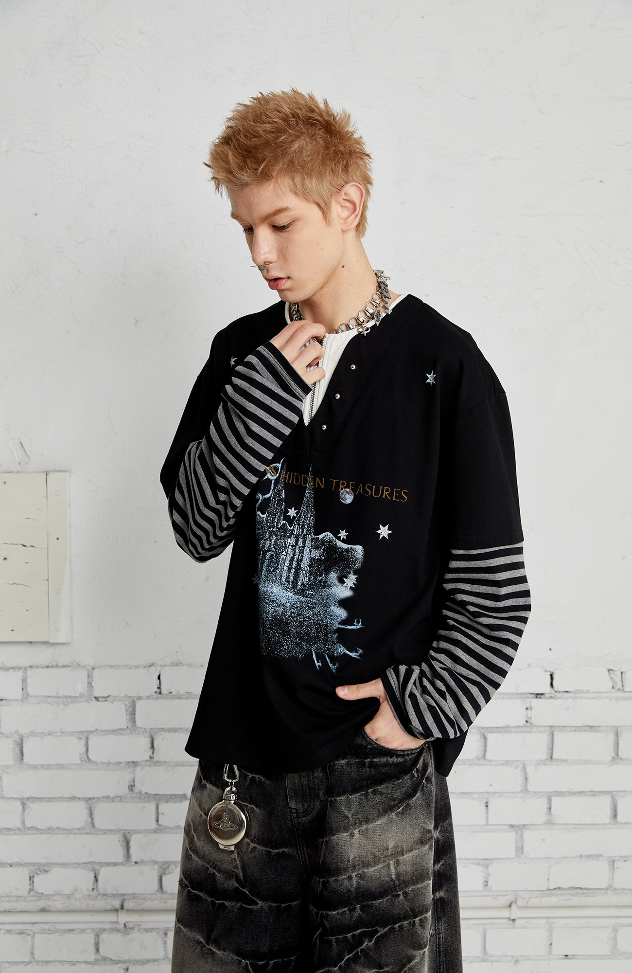 PASET Layered Stripe Graphic Long-Sleeve Tee