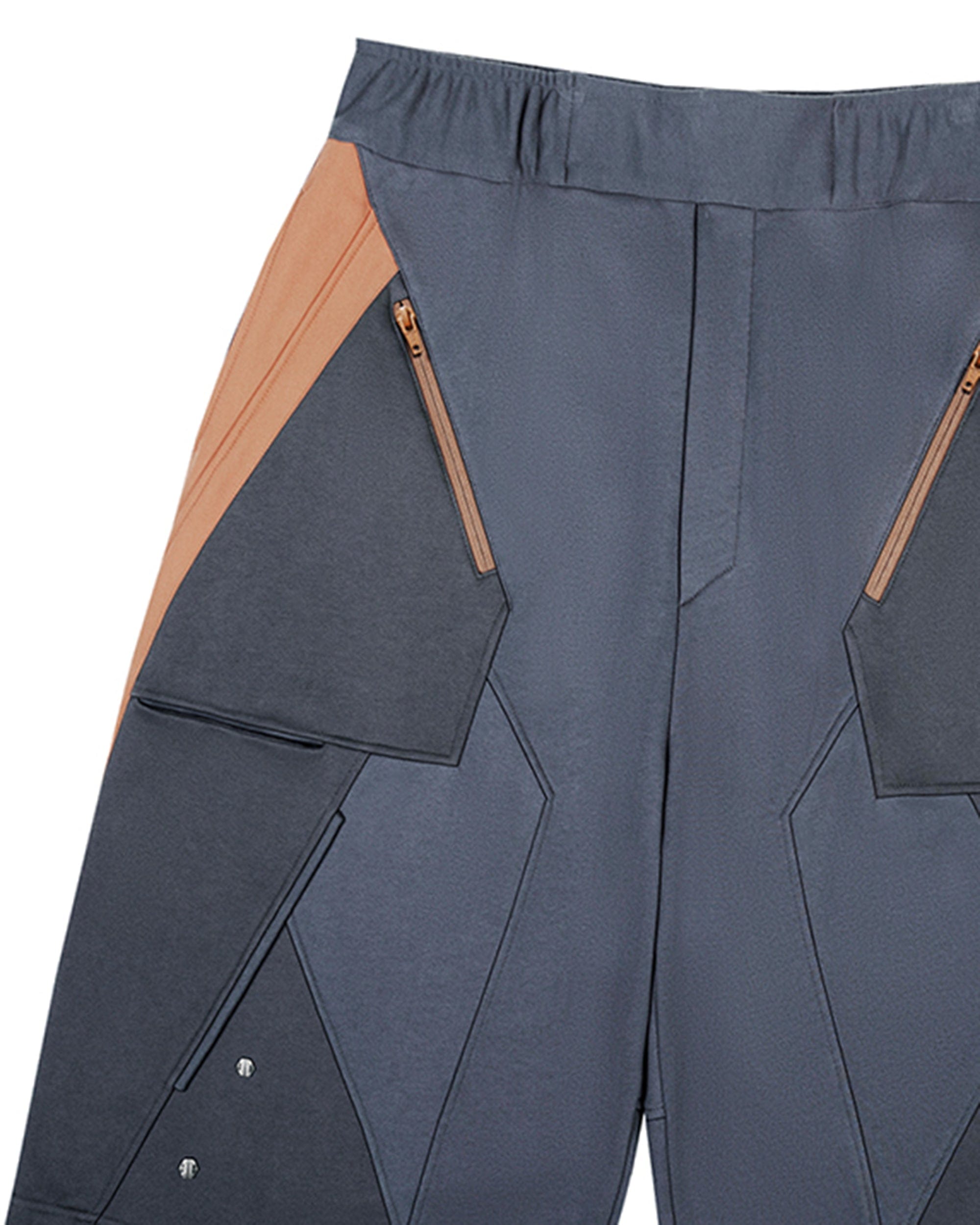 XIPHEVIL Deconstructed Zipper Rivet Shorts Orange, premium urban and streetwear designers apparel on PROJECTISR.com, XIPHEVIL