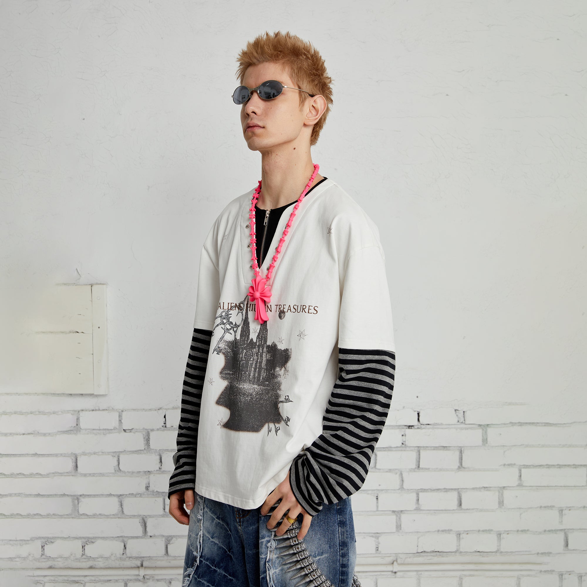 PASET Layered Stripe Graphic Long-Sleeve Tee