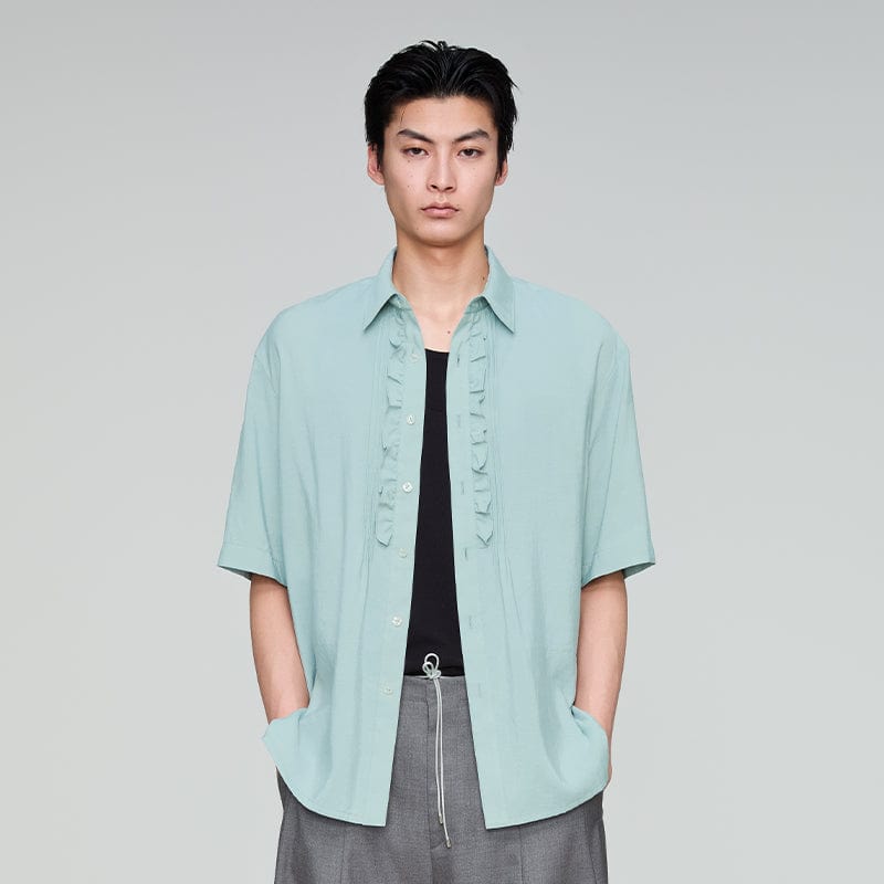 OPICLOTH Retro Pintuck Ruffle Modal Blend Half Shirt, premium urban and streetwear designers apparel on PROJECTISR.com, OPICLOTH