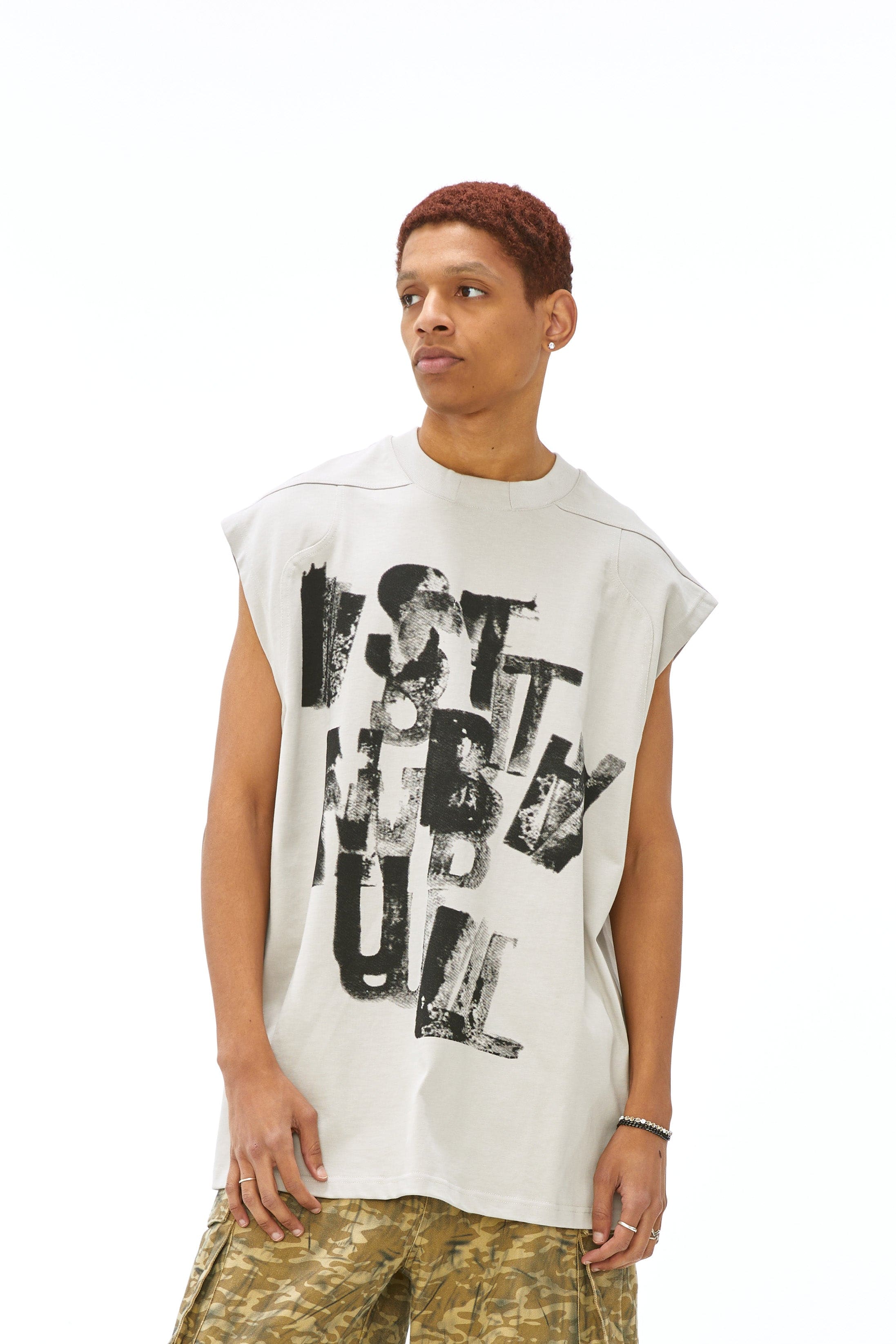 VANN VALRENCE Slogan Graphic Oversized Sleeveless Tee