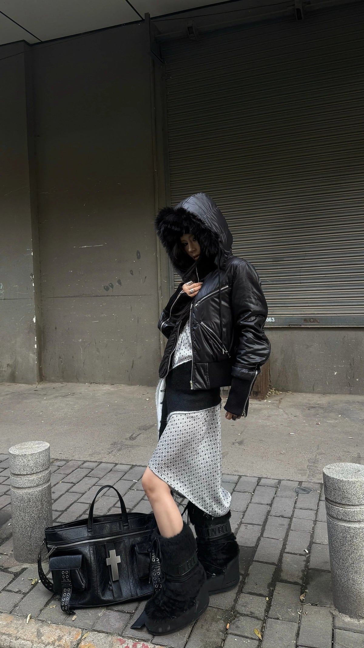 REBEL WAVE Detachable Faux Fur Collar Zip-Up Hooded Jacket