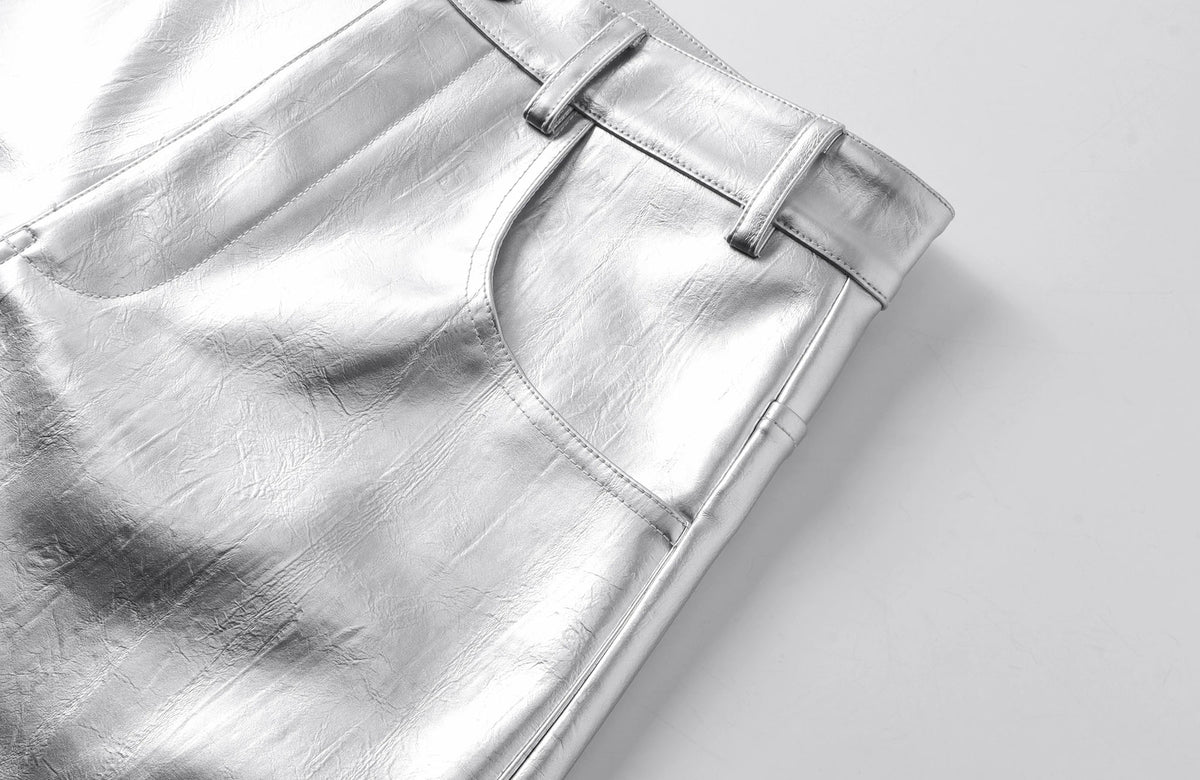 REBEL WAVE Silver Liquid Faux Leather Straight-Leg Pants